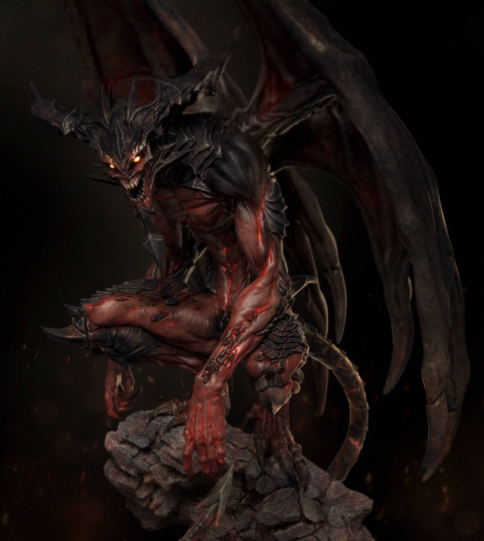 Demon creature with wings and horns on rocks HD Phone Wallpaper