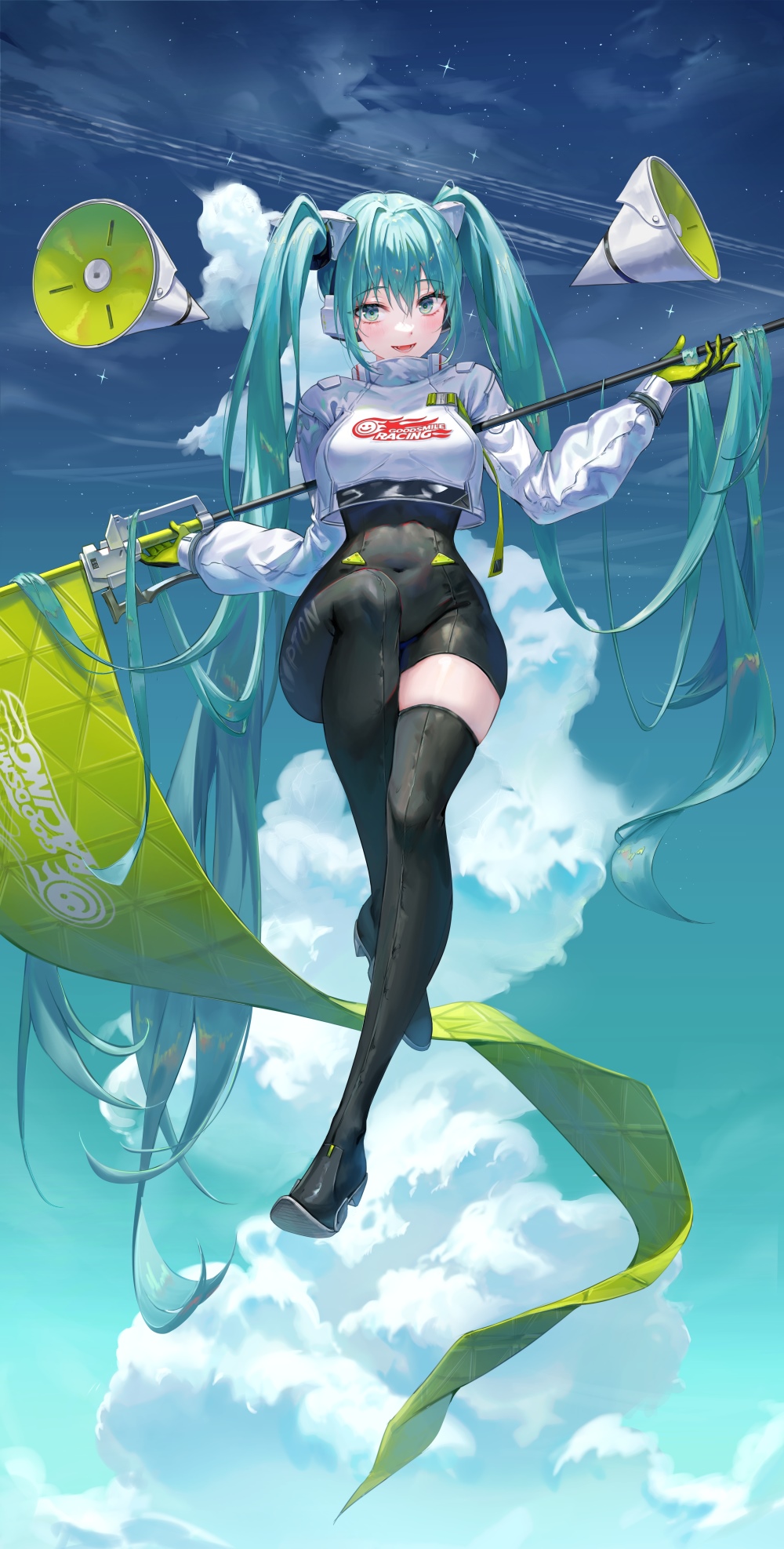 Hatsune Miku in Racing Outfit with Flag HD Phone Wallpaper