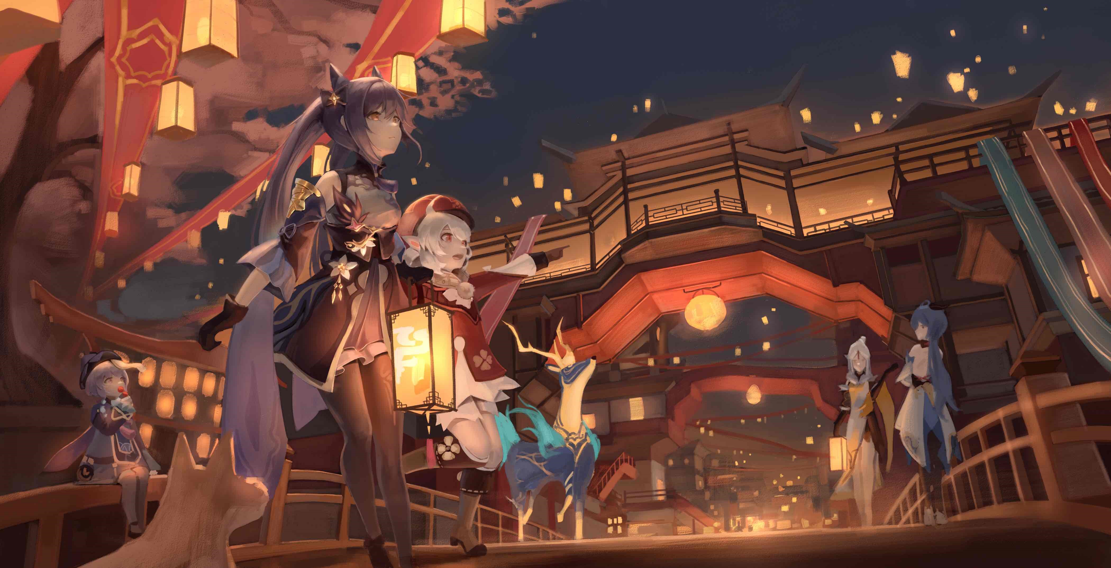 Genshin Impact characters at a lantern festival HD Wallpaper