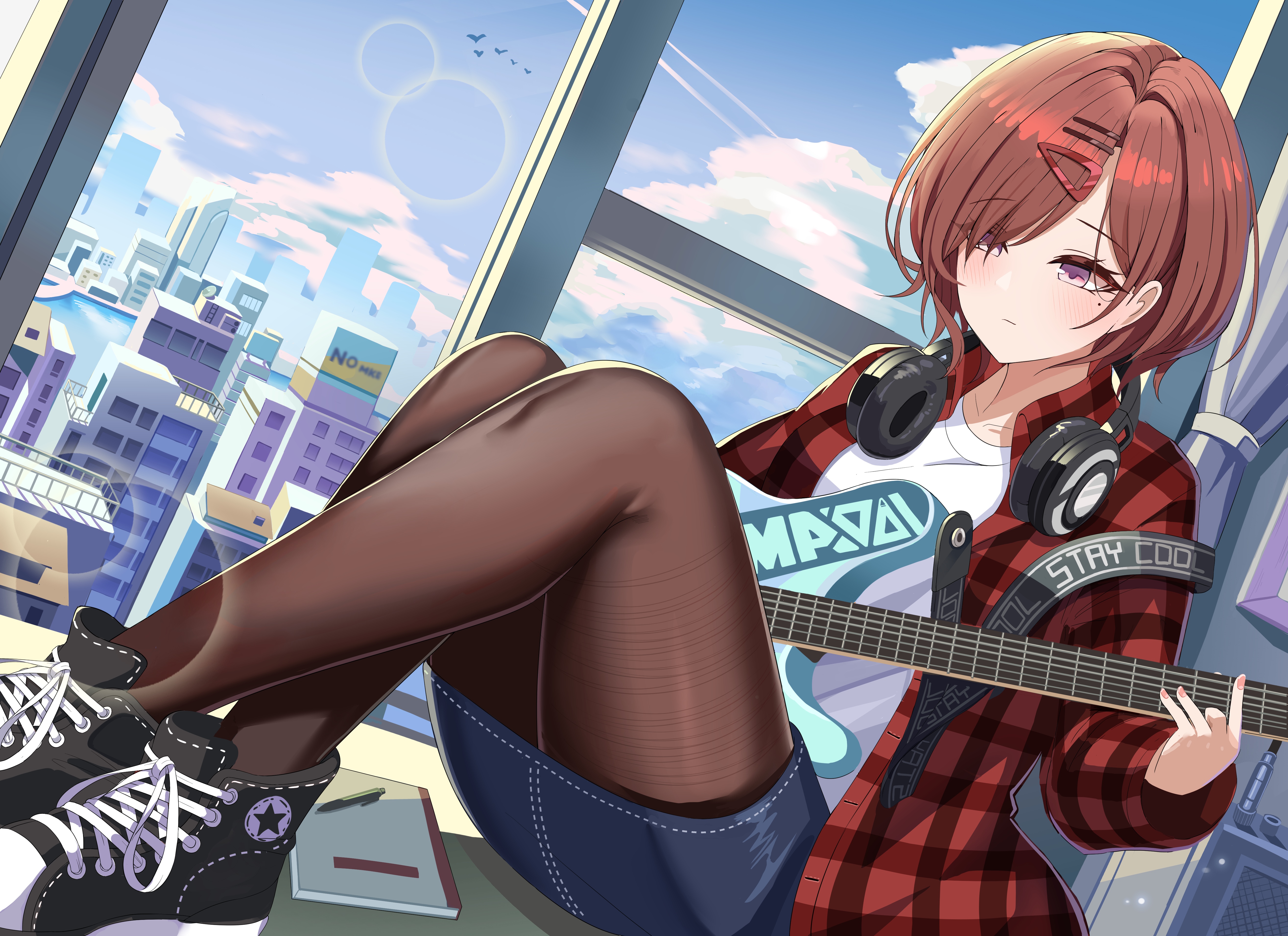 4K Anime Girl with Guitar and Headphones HD Wallpaper