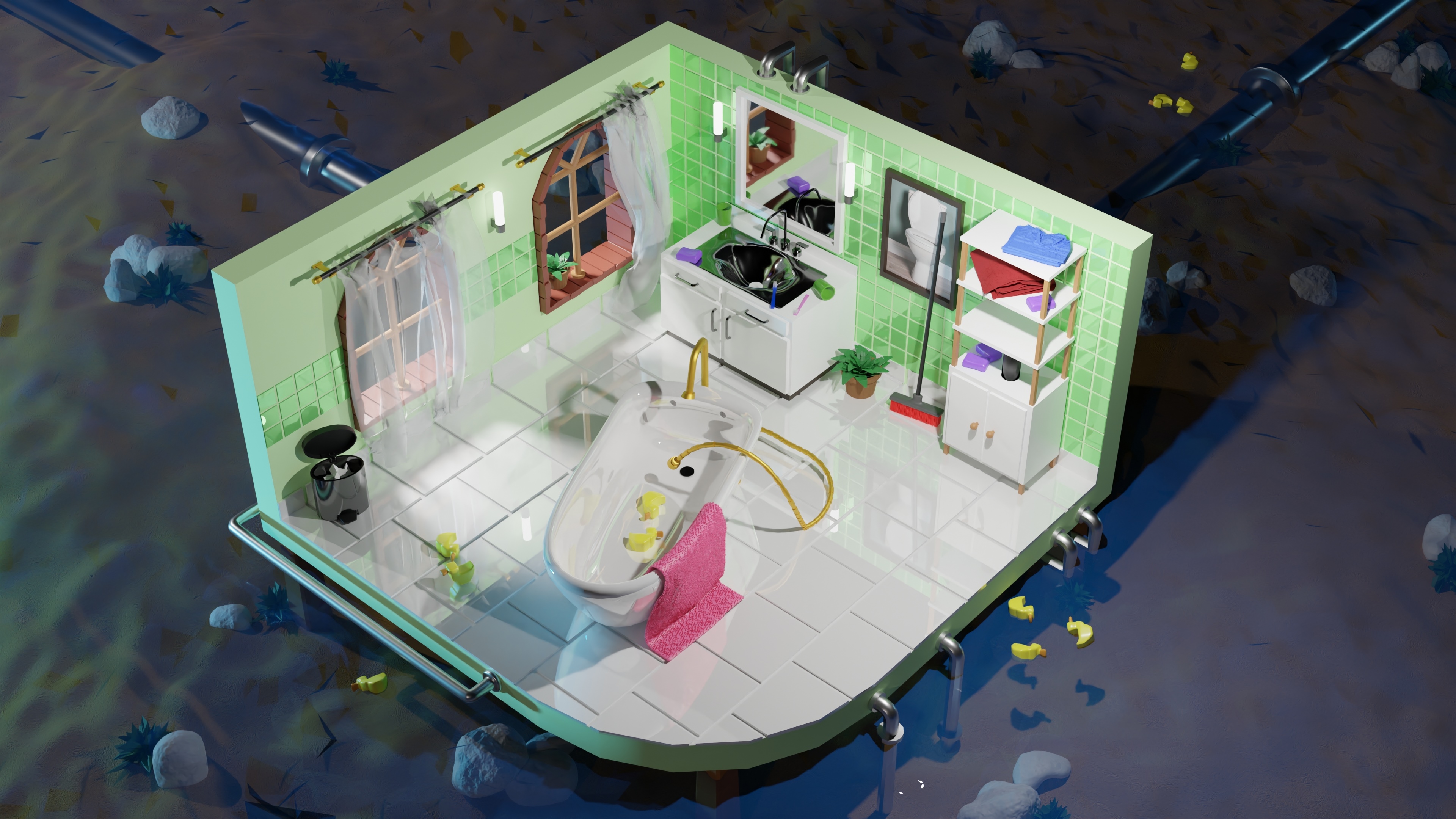 Isometric bathroom with bathtub and sink HD Wallpaper