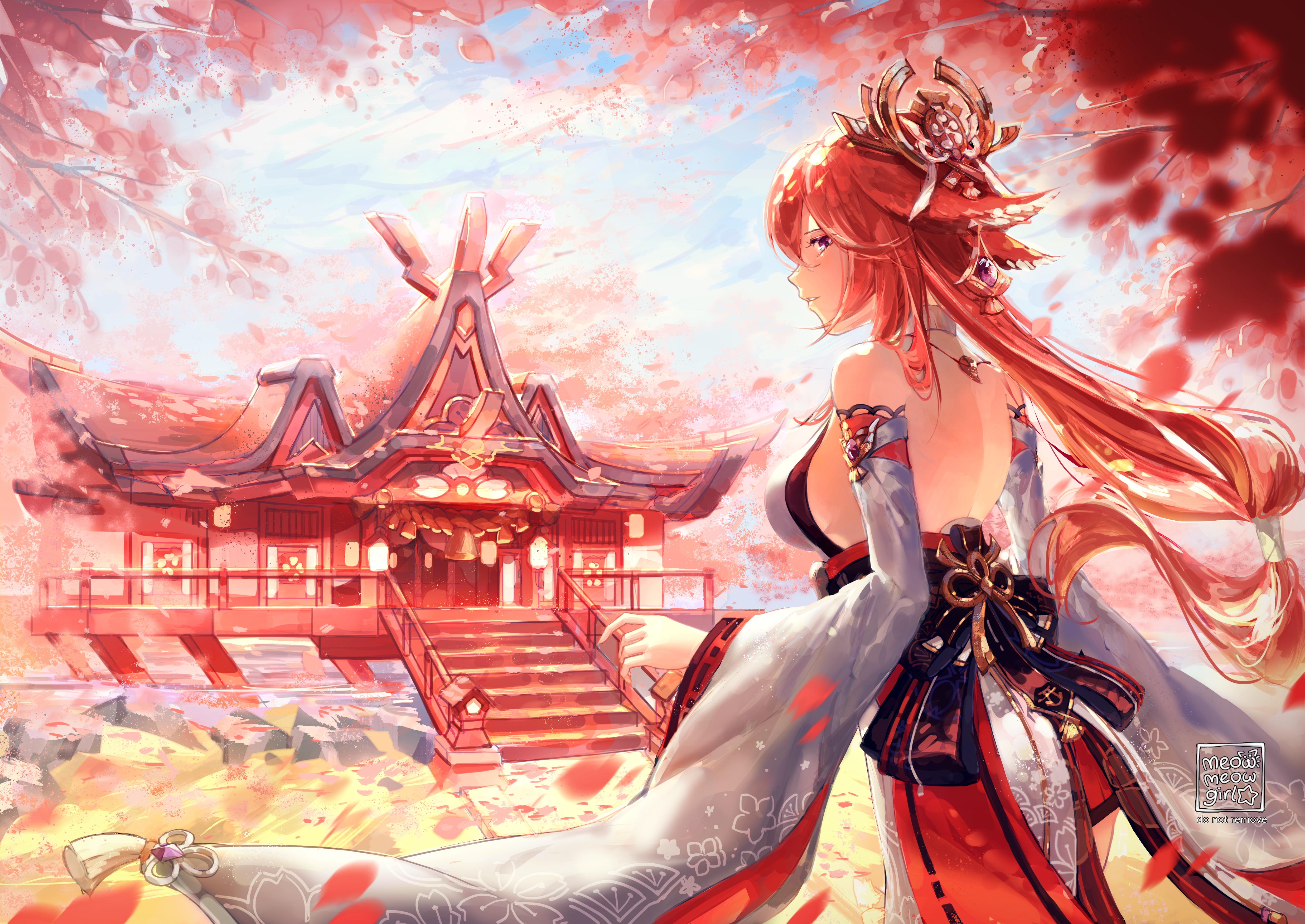 4K Fan Art of Yae Miko at a Shrine HD Wallpaper