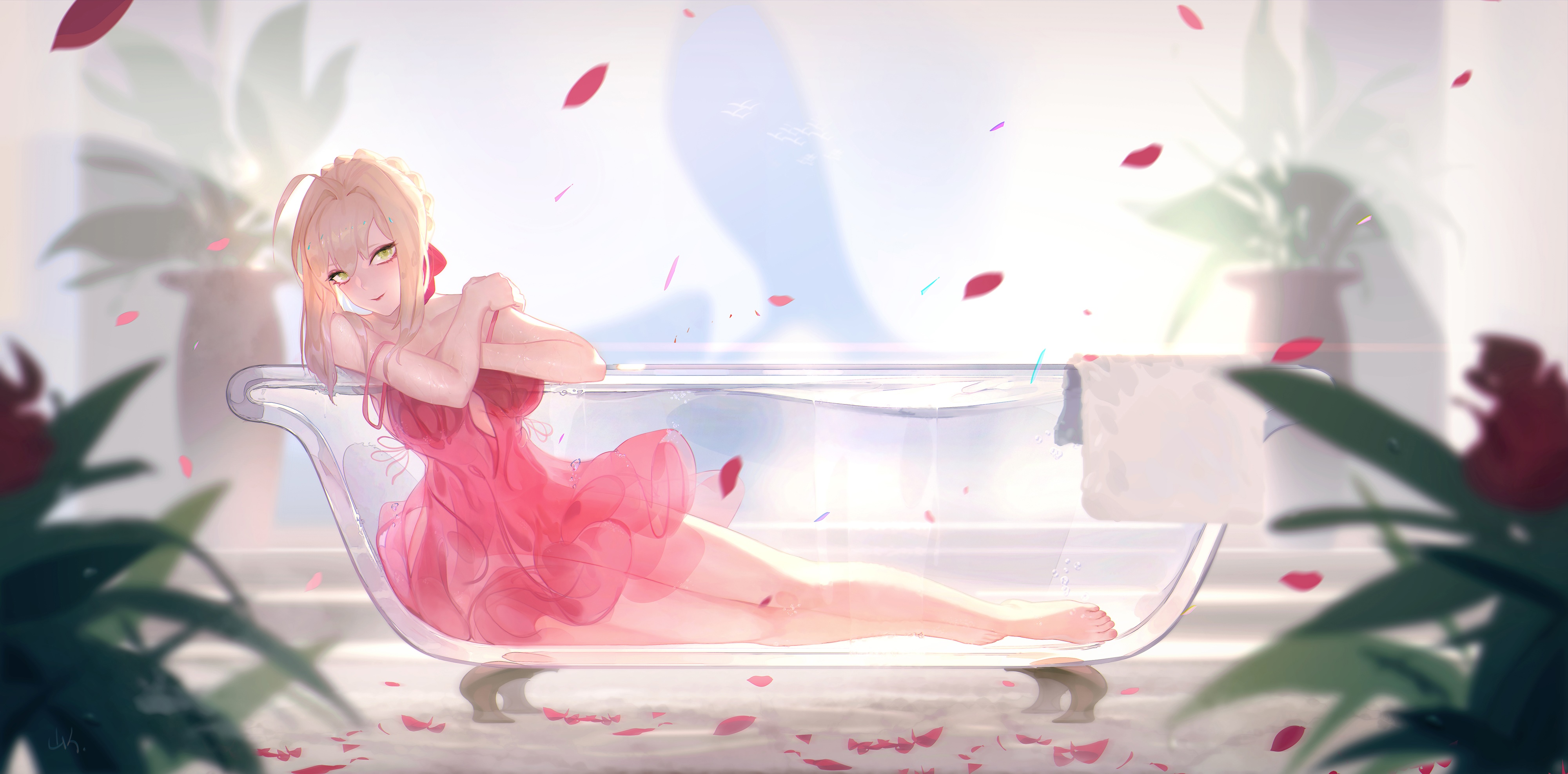 4K Nero Claudius in a bathtub with rose petals HD Wallpaper