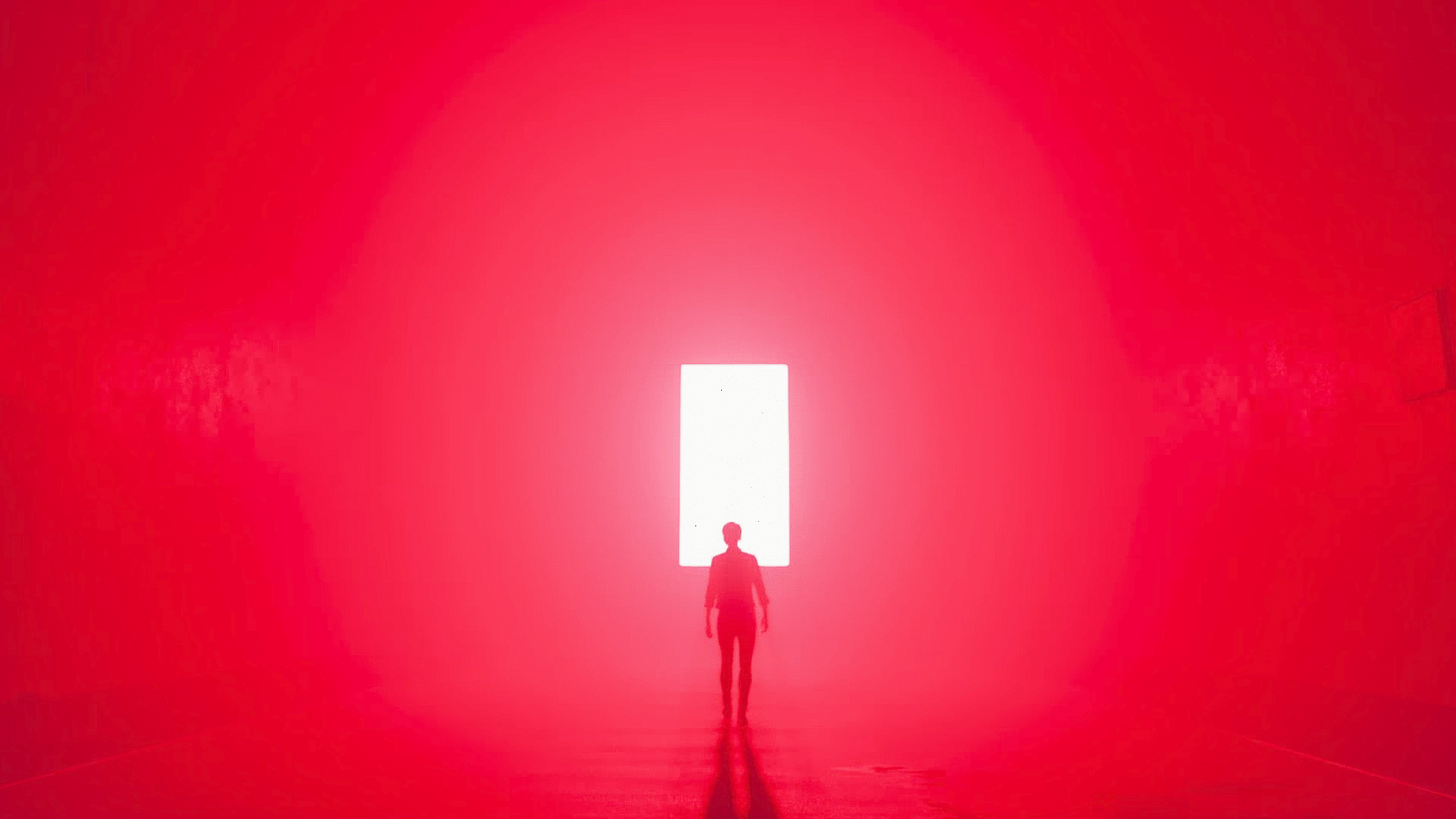 A person walks towards a bright light in a red room HD Wallpaper