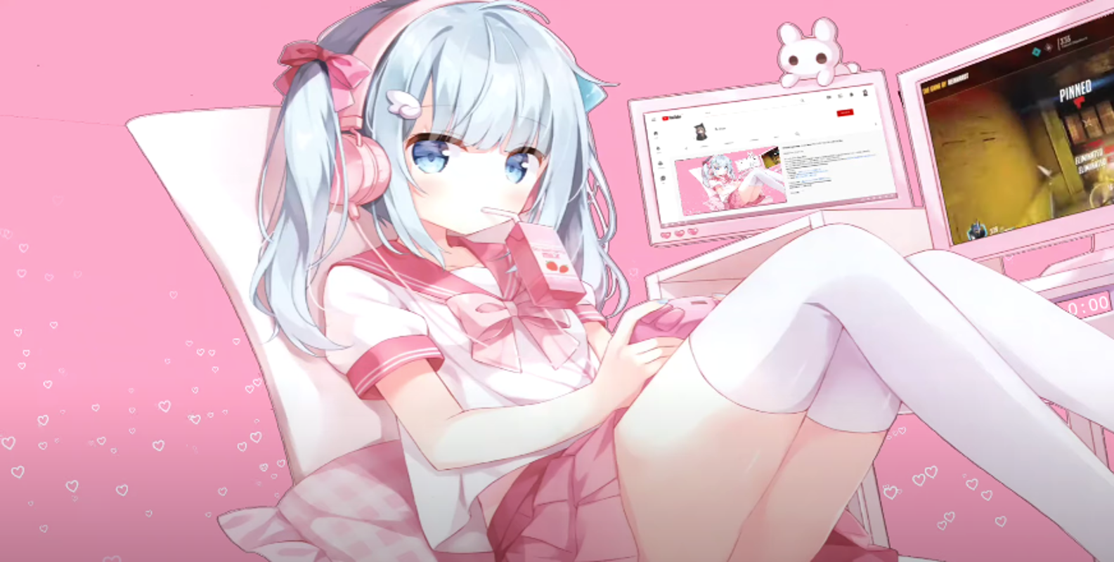 Anime girl with headphones playing Overwatch HD Wallpaper