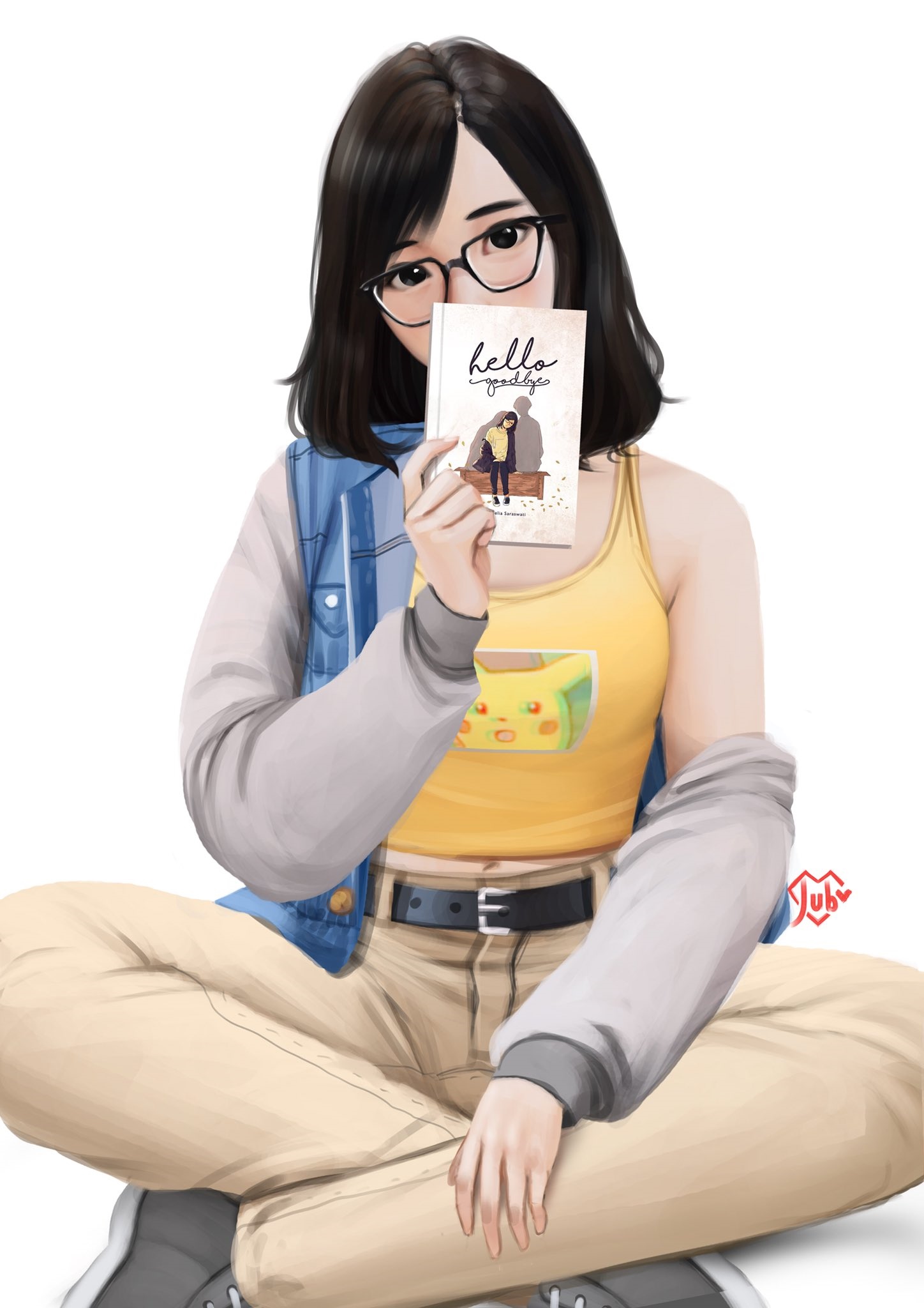 Anime girl with glasses holding a book, Pikachu shirt HD Phone Wallpaper