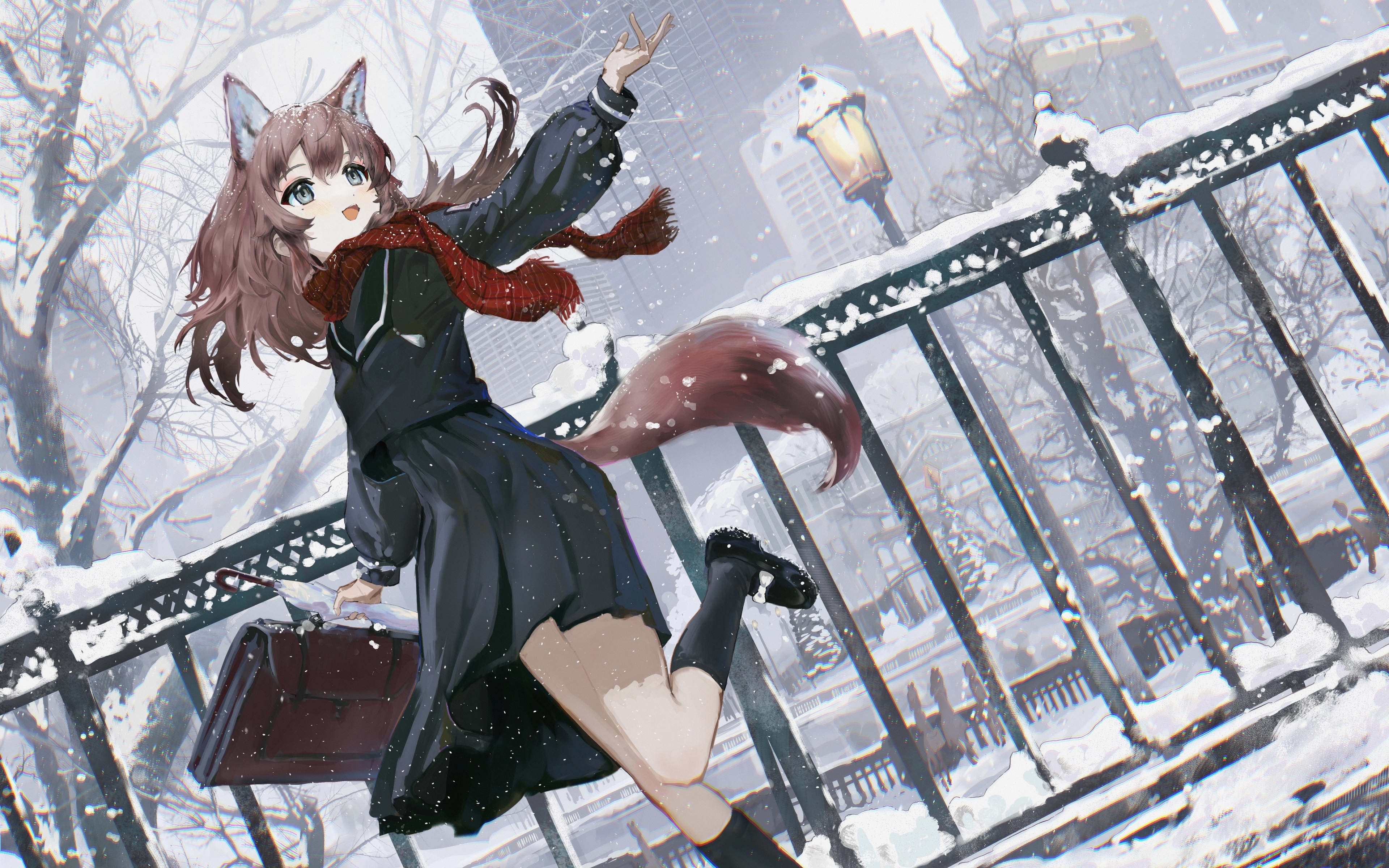 4K Fox Girl in School Uniform in Snow HD Wallpaper