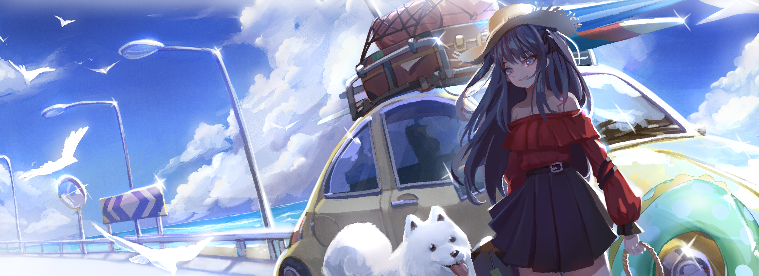 Girl with dog and car on a road trip HD Wallpaper