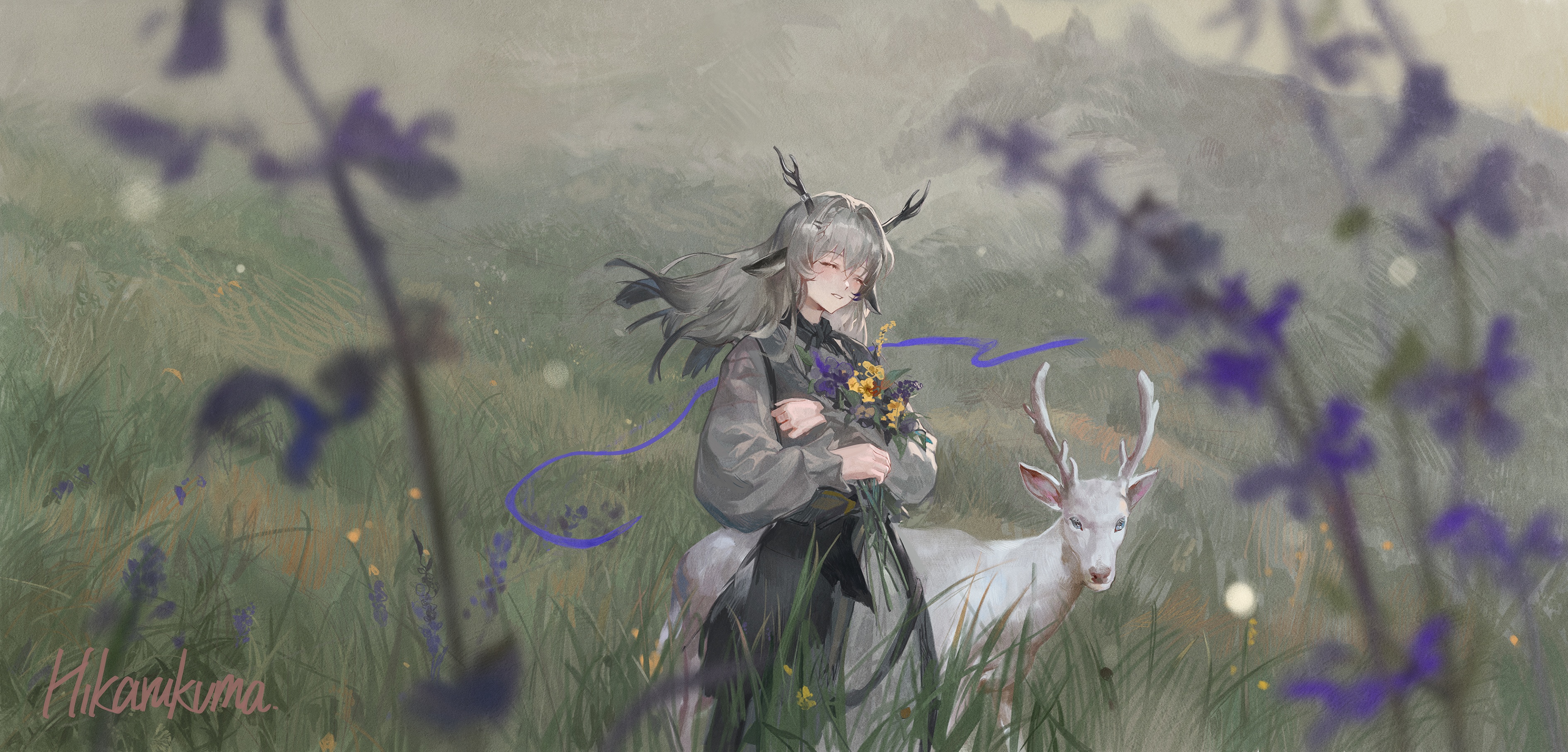 Arknights character with deer in a field HD Wallpaper