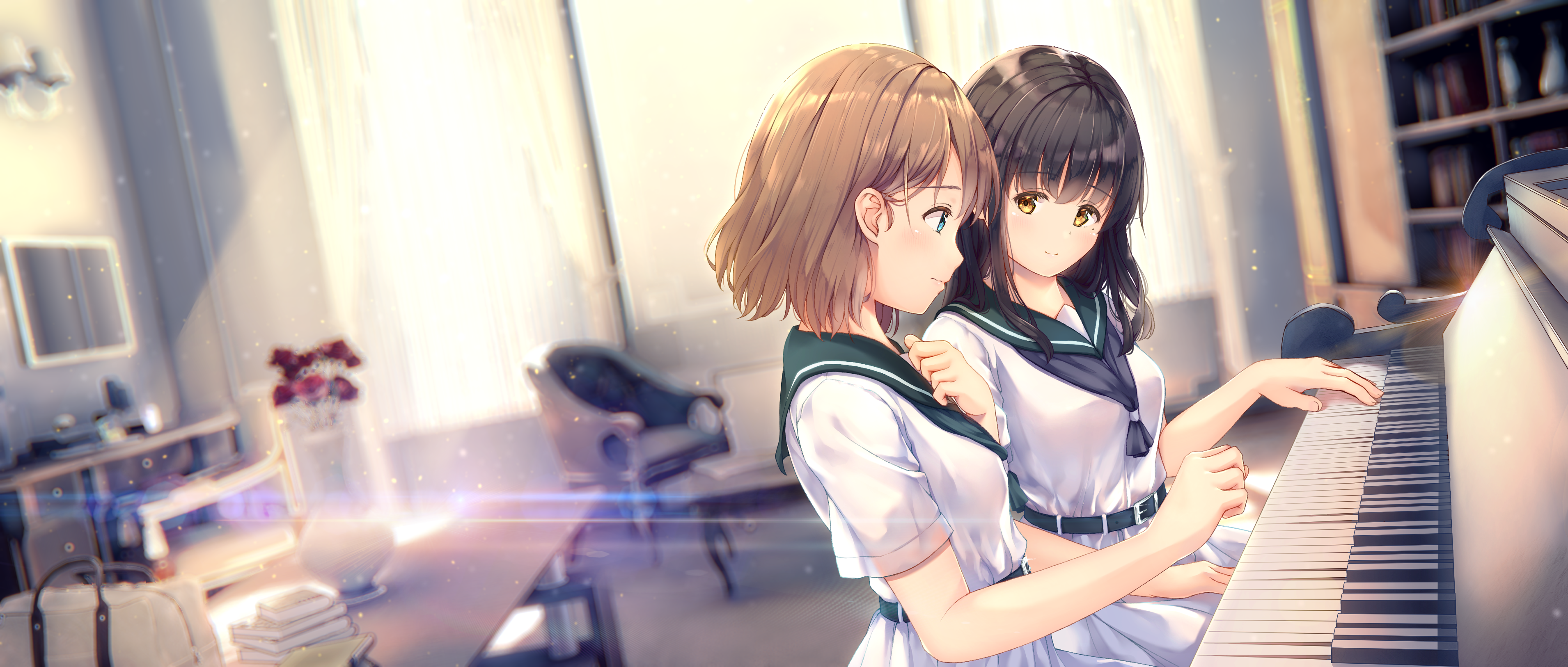 Two girls in school uniforms playing piano HD Wallpaper