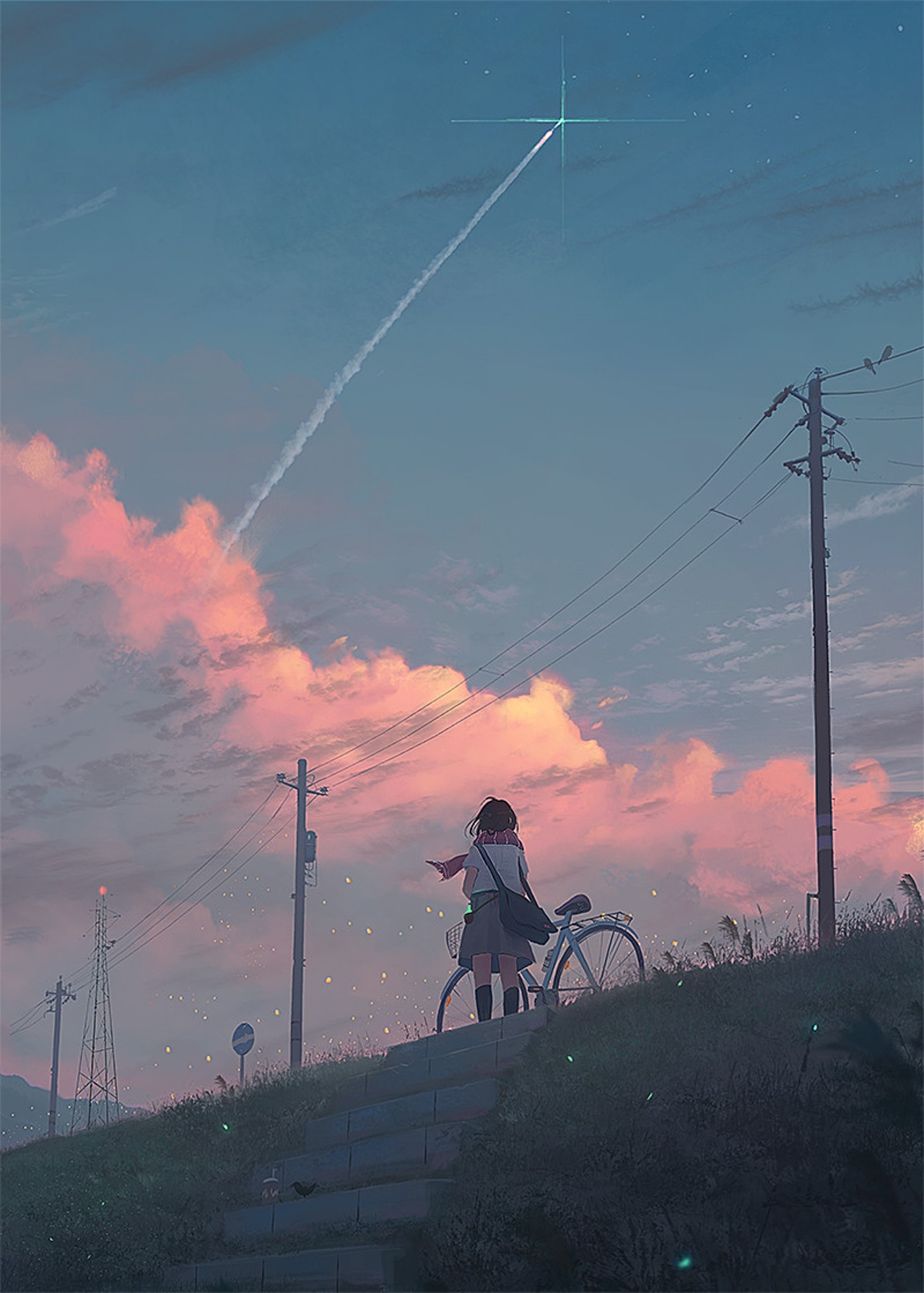 Anime girl with bicycle watching a rocket launch HD Phone Wallpaper