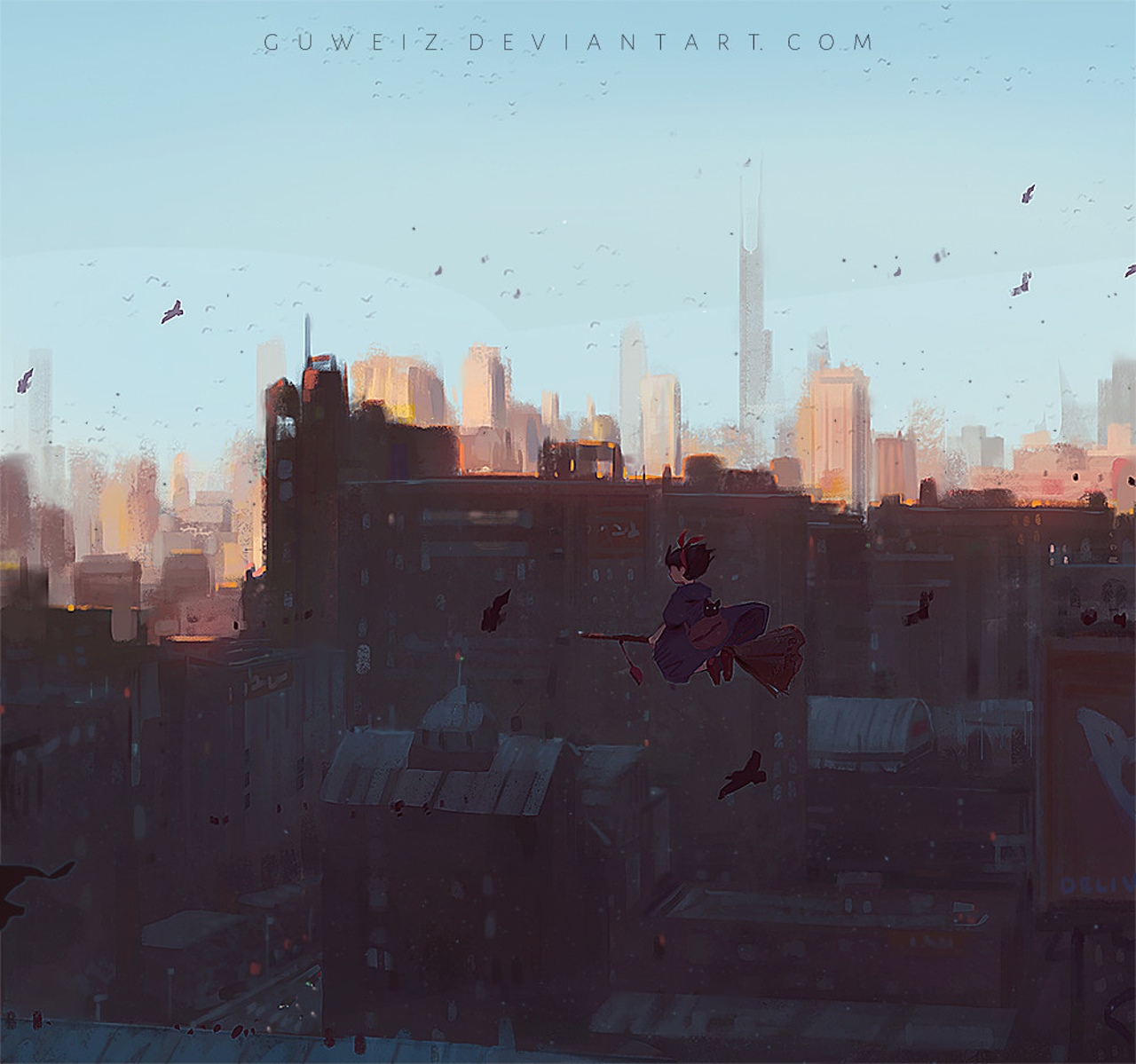 Kiki flying on a broomstick over a city HD Wallpaper
