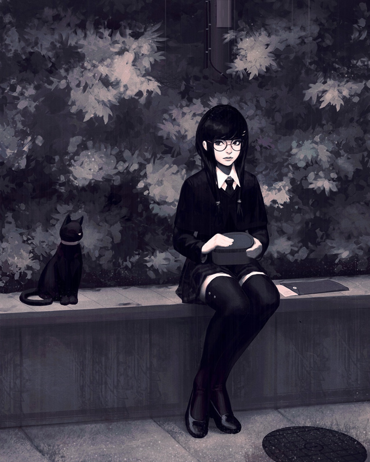 GUWEIZ girl in school uniform with cat HD Phone Wallpaper