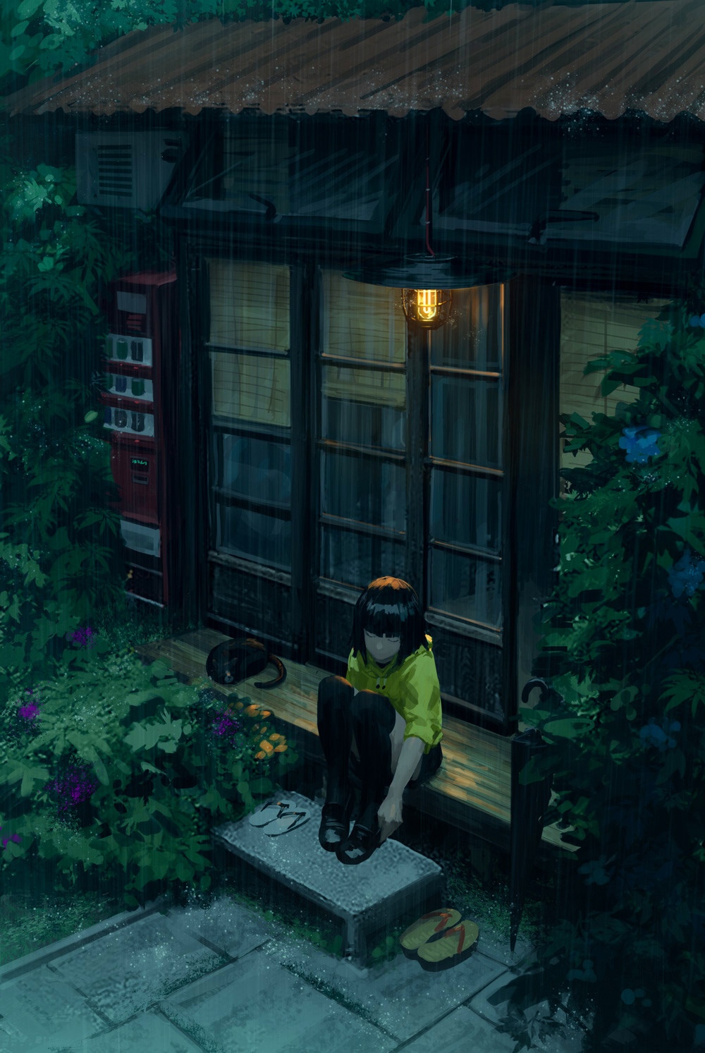 Girl sitting in the rain by a vending machine HD Phone Wallpaper