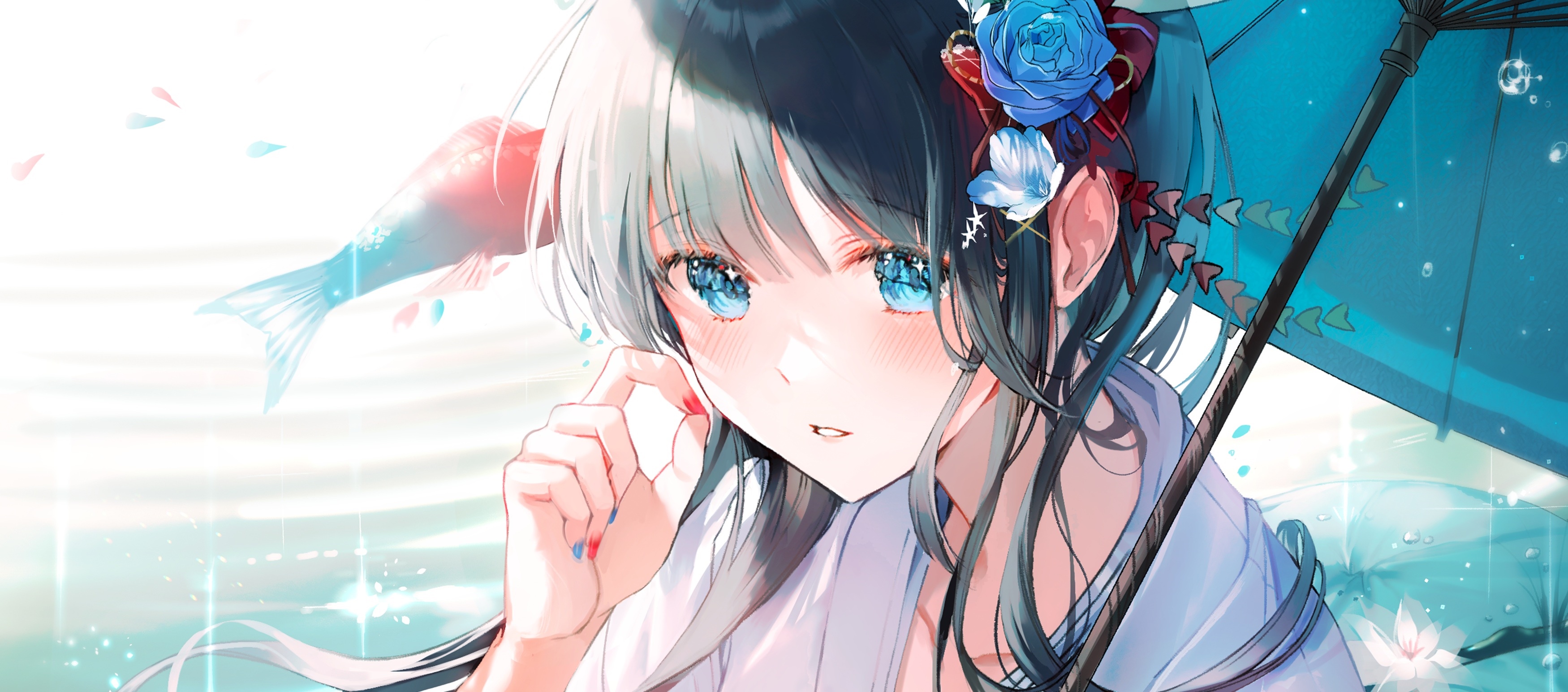 Girl with dark hair and blue eyes holding an umbrella HD Wallpaper