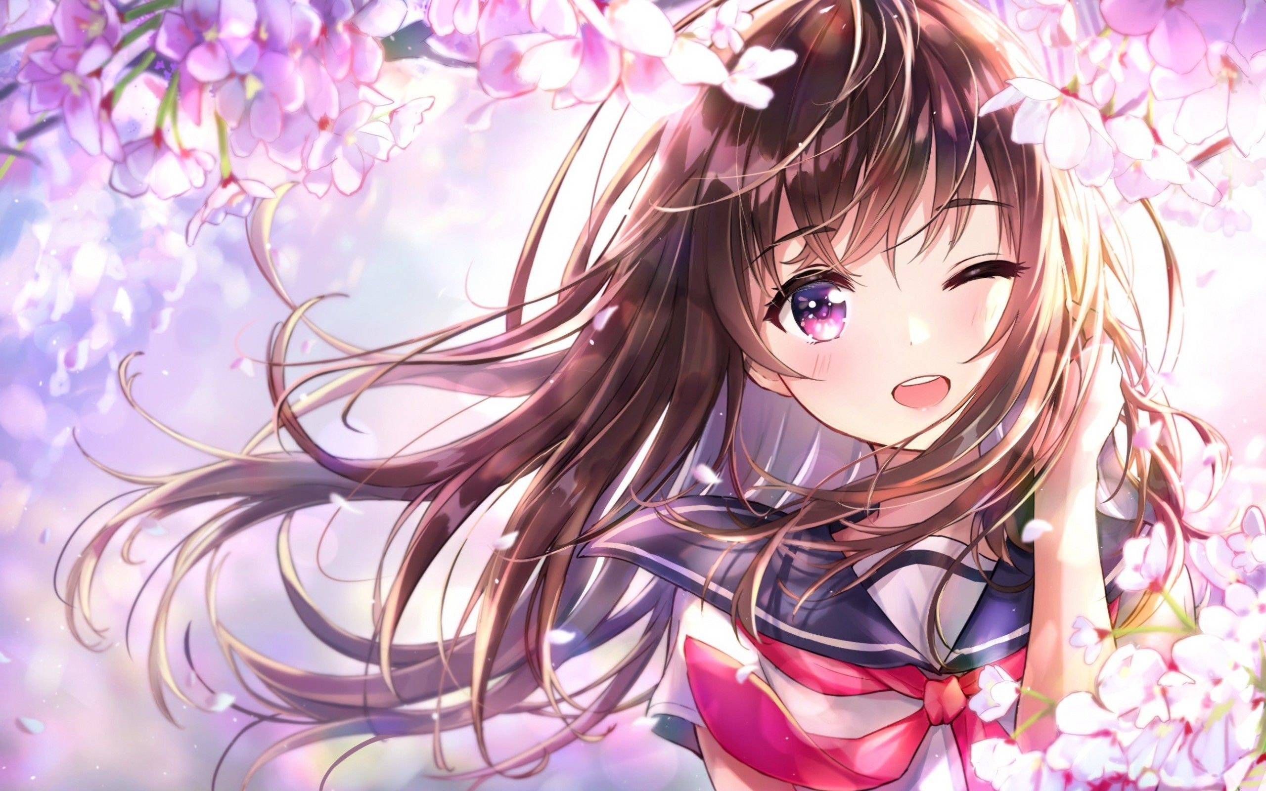 Anime girl with purple eyes and cherry blossoms HD Wallpaper