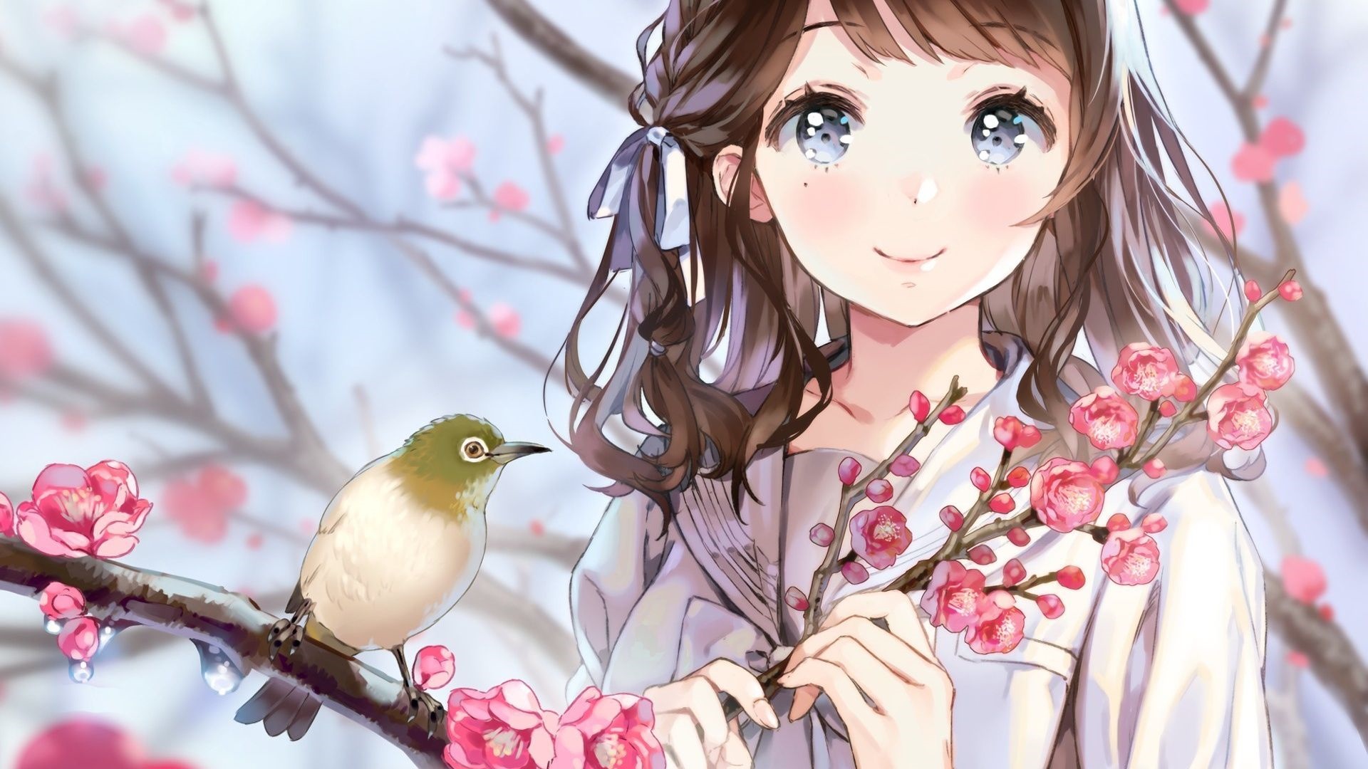 Girl with a bird and cherry blossoms HD Wallpaper