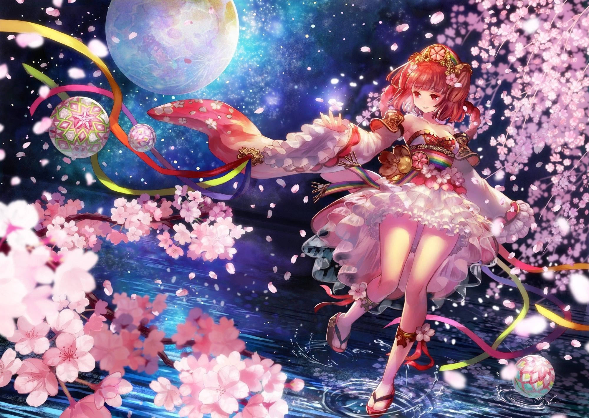 Anime girl with cherry blossoms and moon HD Wallpaper