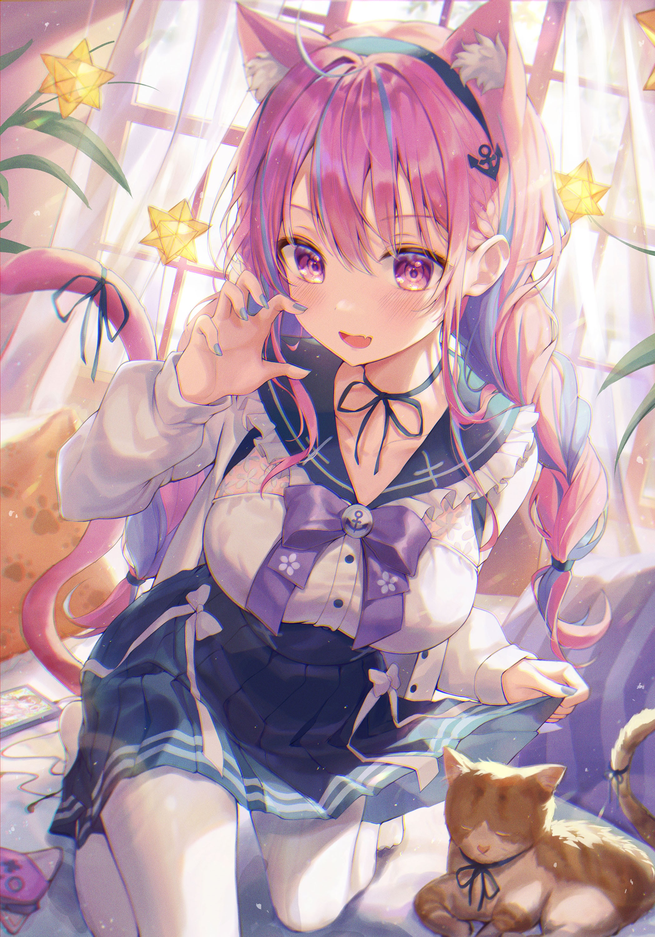 Minato Aqua, a cat girl, with a cat HD Phone Wallpaper