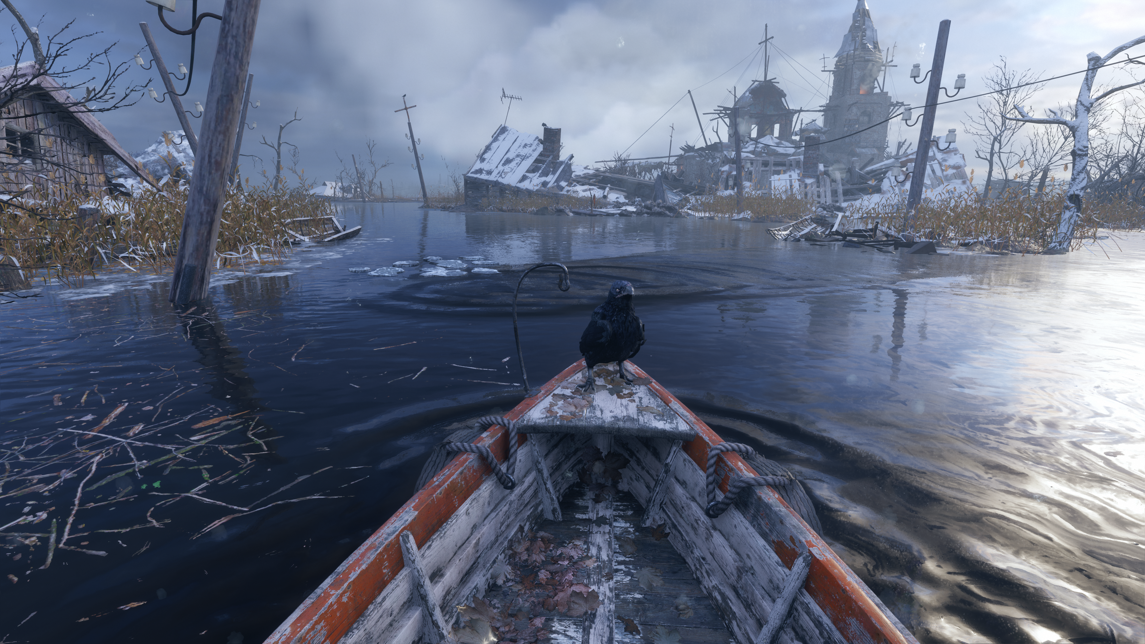 4K Metro Exodus Enhanced Edition crow in a rowboat HD Wallpaper