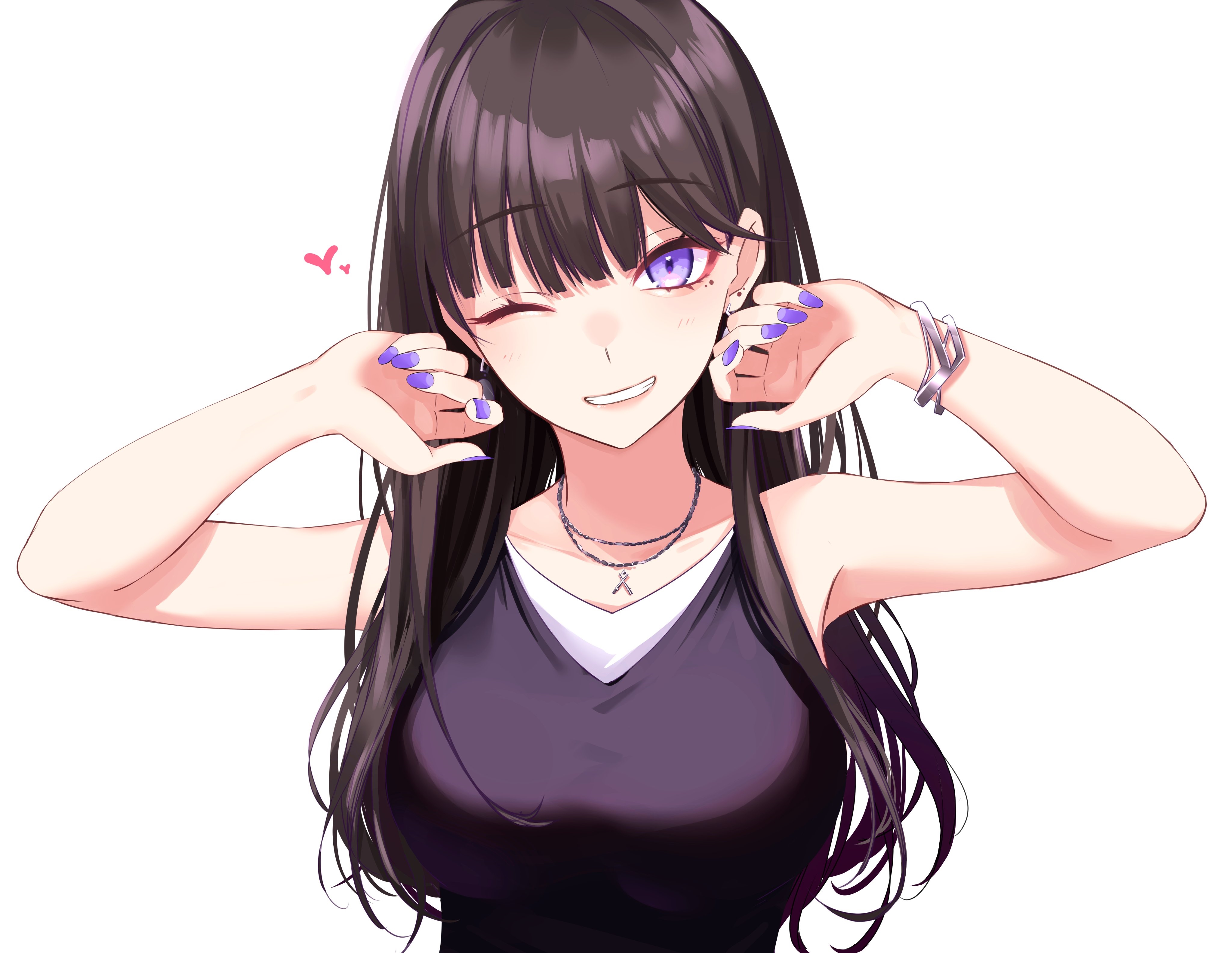 4K anime girl with dark hair and purple eyes winks HD Wallpaper