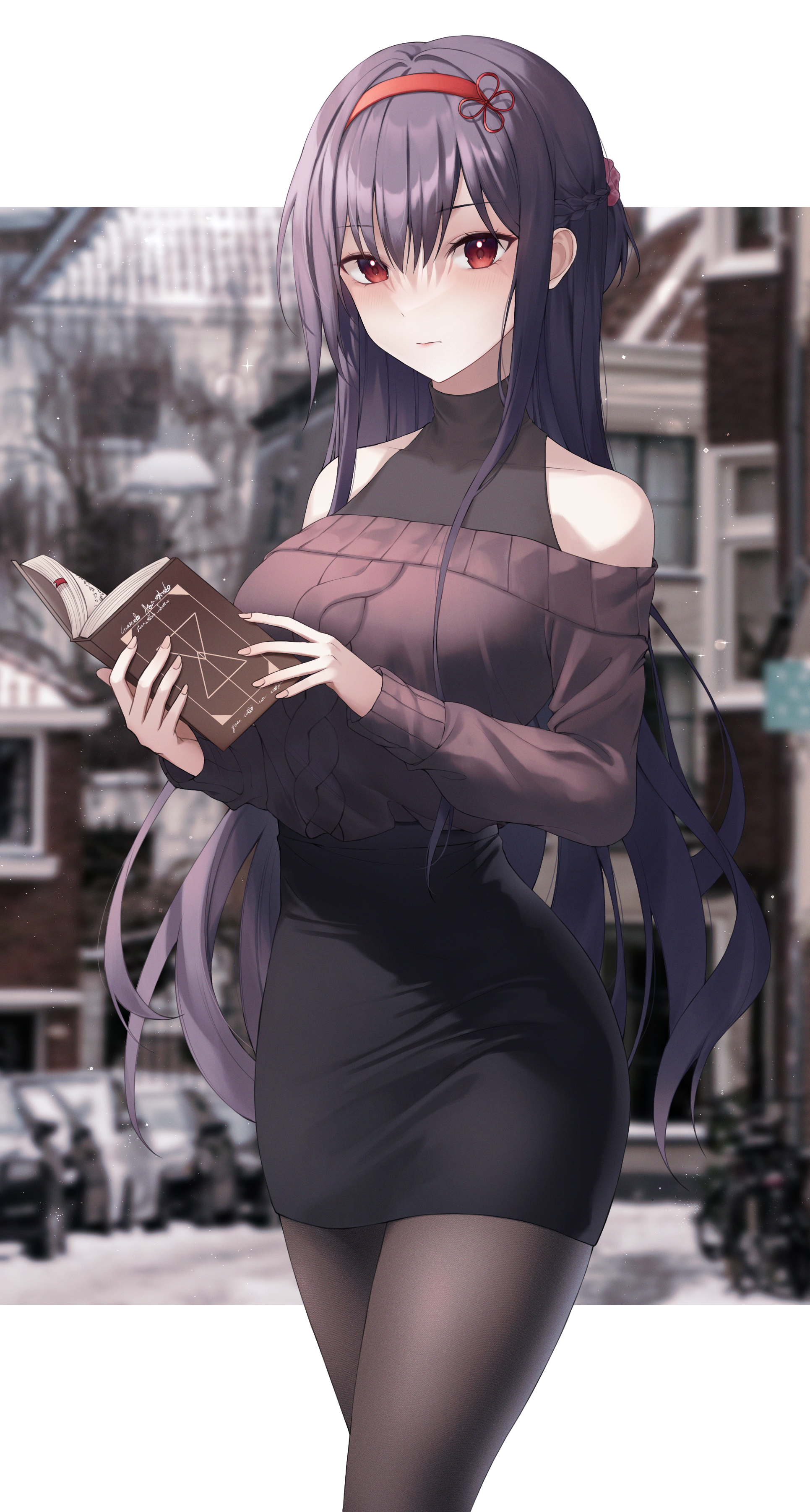 Yeorem with purple hair and red eyes reading a book HD Phone Wallpaper