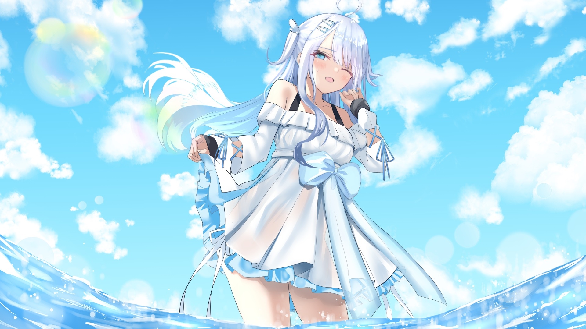 Kesoshirou in a white dress by the water HD Wallpaper