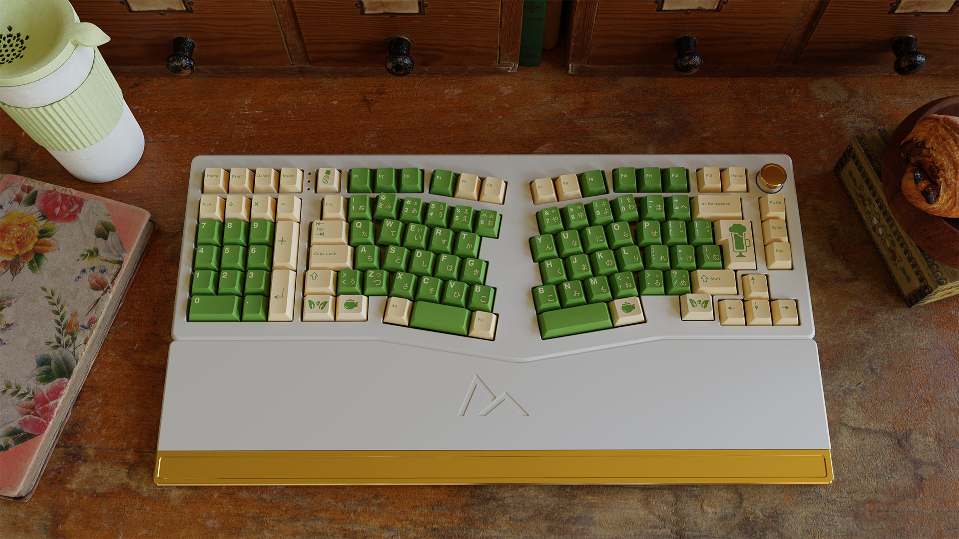 Split mechanical keyboard with green and cream keycaps HD Wallpaper