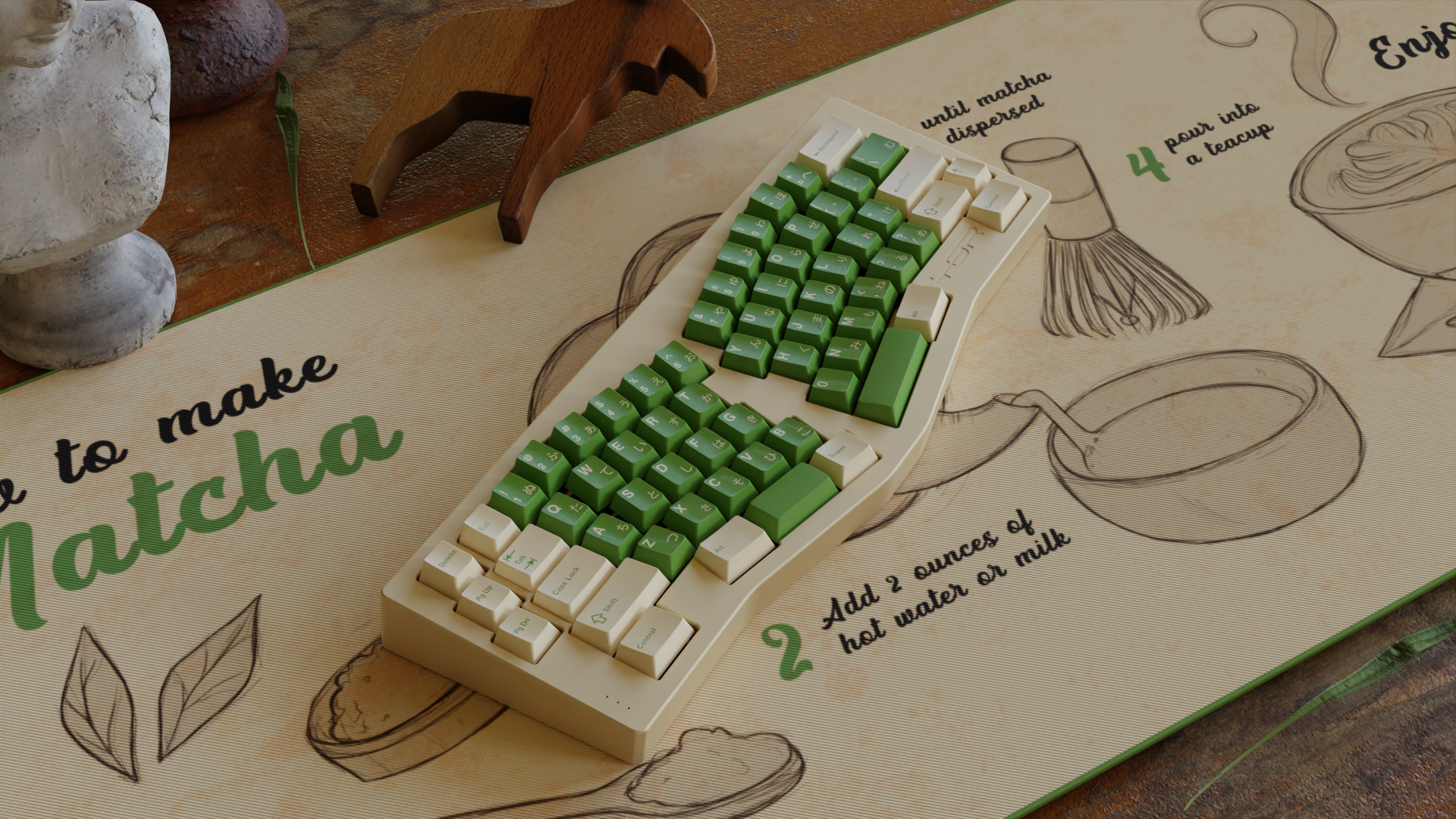 GMK Matcha themed mechanical keyboard on a desk mat HD Wallpaper