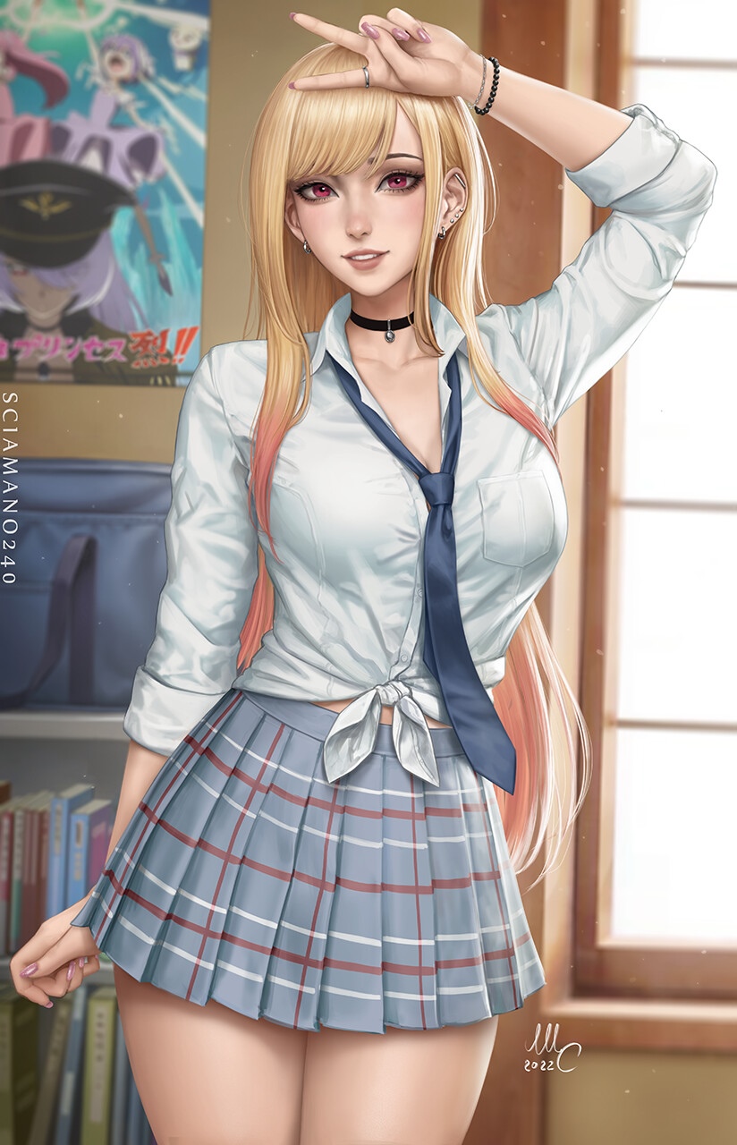 Kitagawa Marin in school uniform with peace sign HD Phone Wallpaper