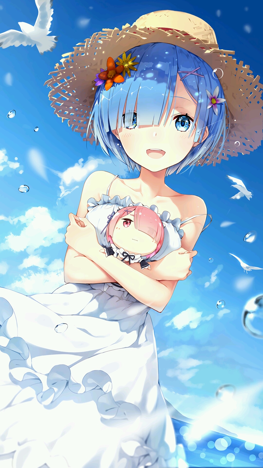 Rem from Re:Zero wearing a straw hat and dress HD Phone Wallpaper