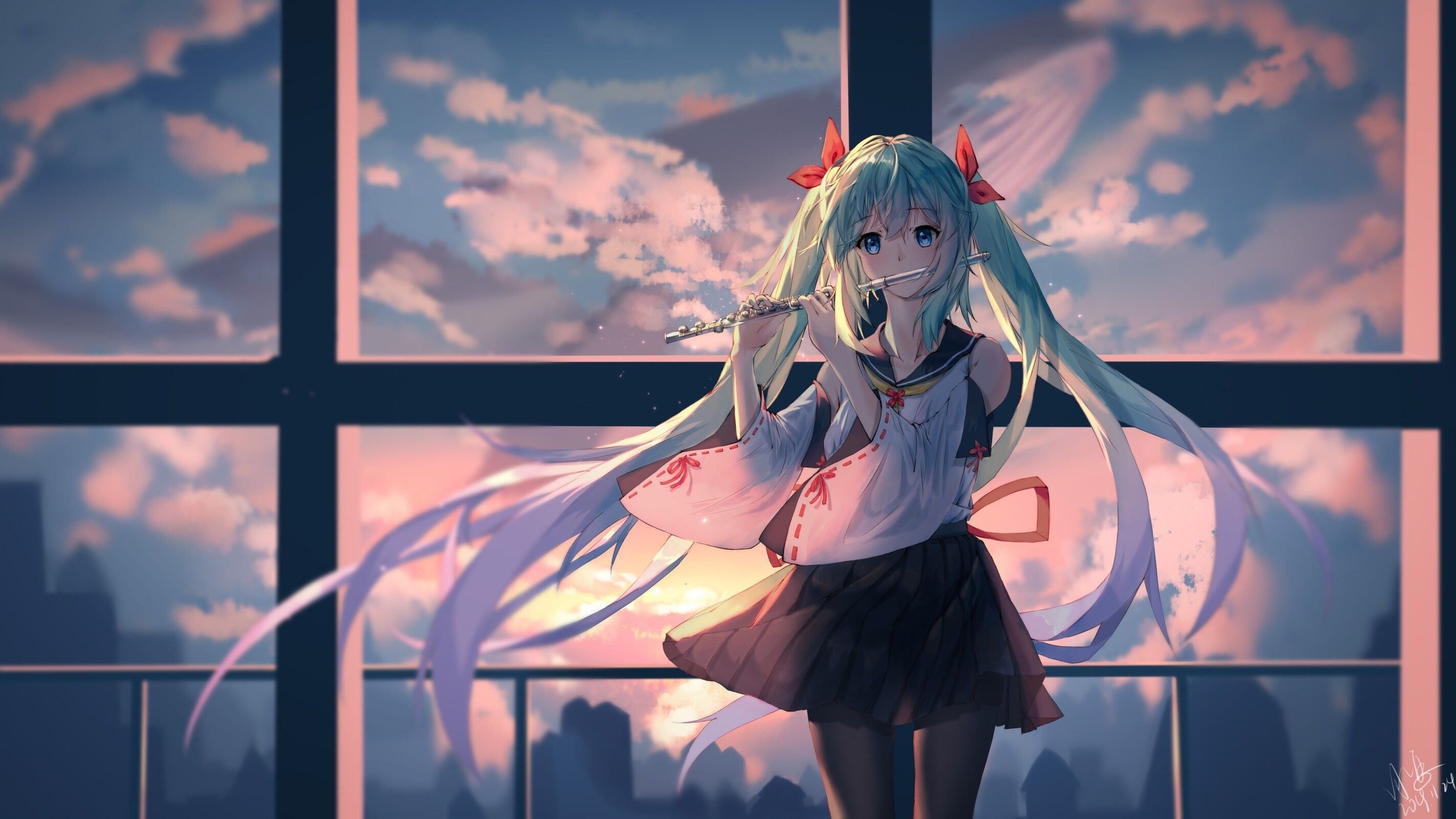 Hatsune Miku playing flute at dusk HD Wallpaper