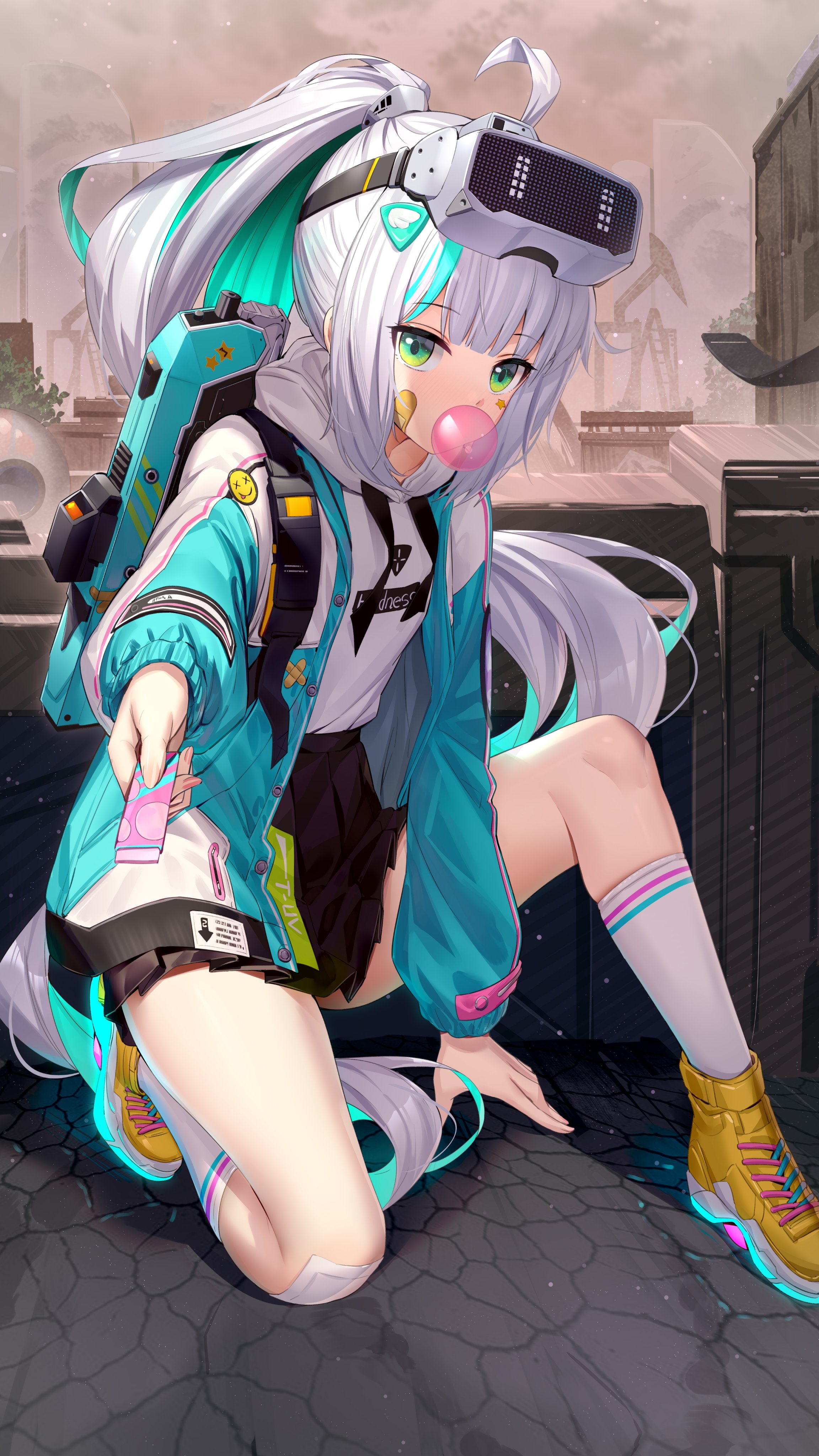 Anime girl with VR headset and backpack HD Phone Wallpaper