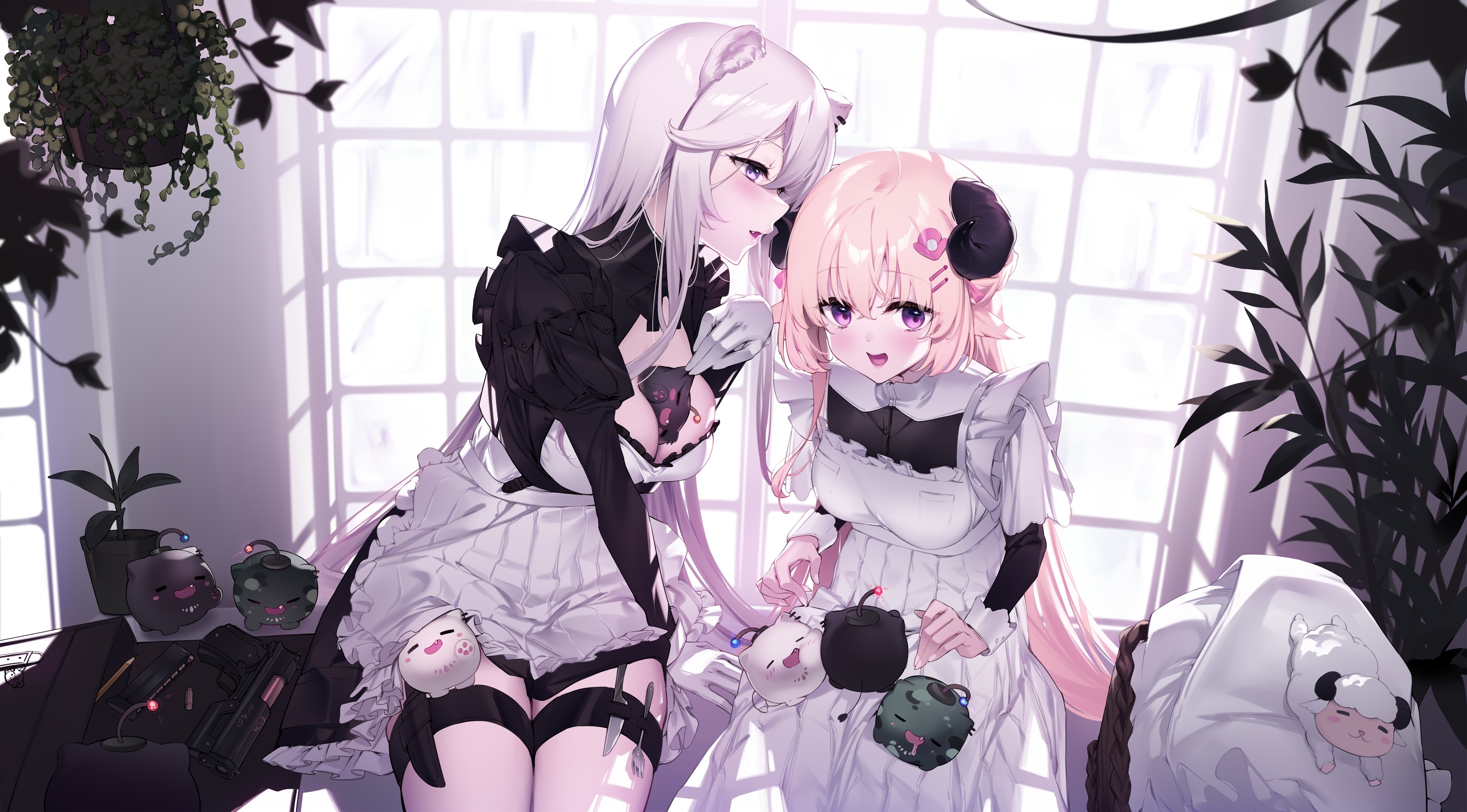 4K artwork of Tsunomaki Watame and Shishiro Botan in maid outfits HD Wallpaper