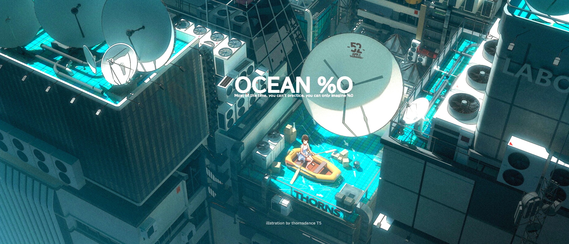 Anime girl in a boat on a rooftop with satellites HD Wallpaper