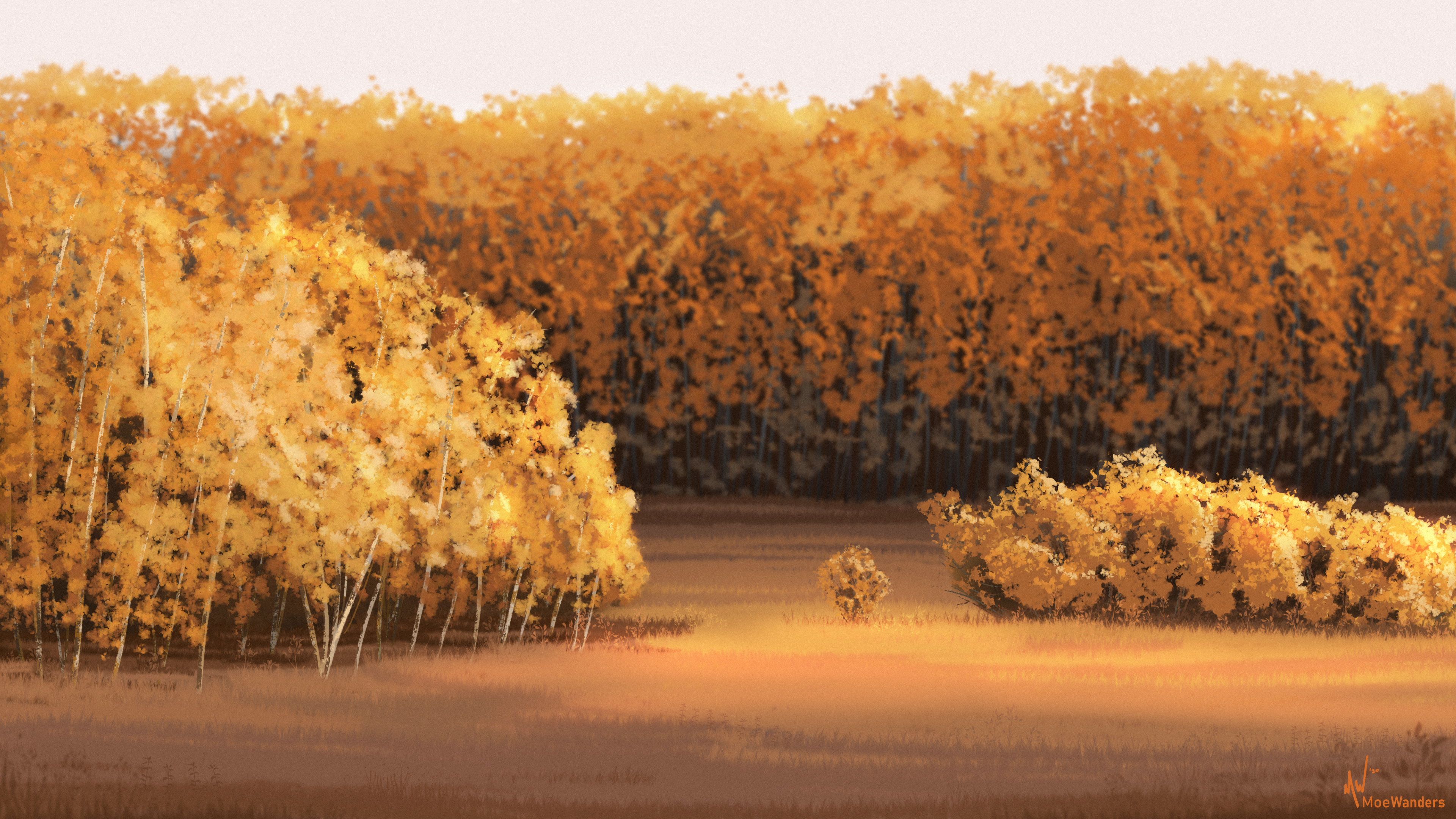 4K painting of a fall forest with golden trees HD Wallpaper