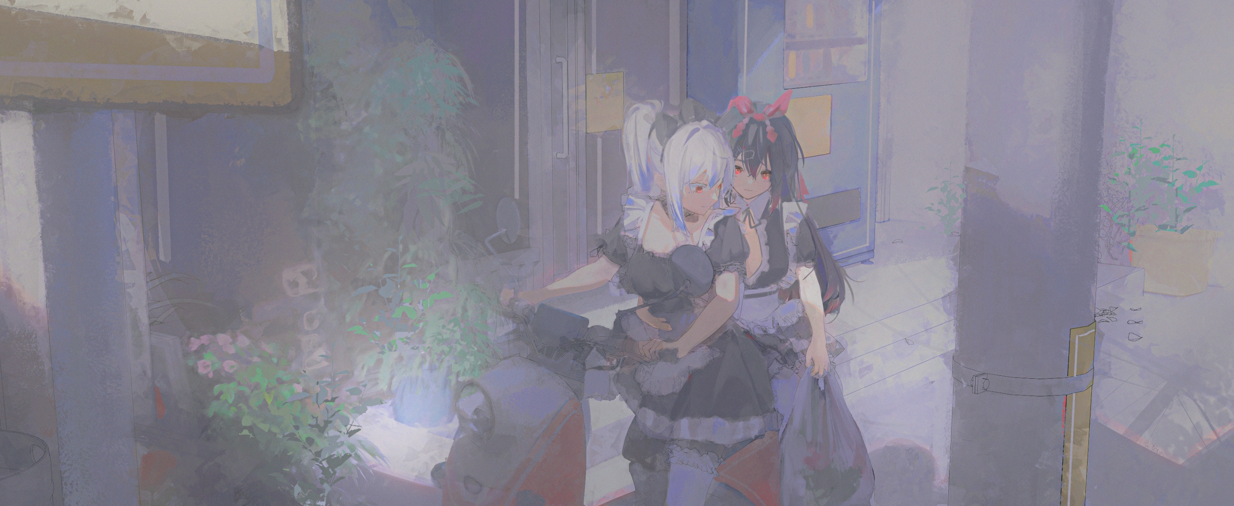 4K, two women in maid outfits HD Wallpaper