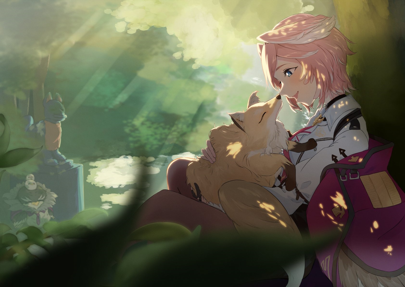 Takane Lui and a fox in a sunlit forest HD Wallpaper