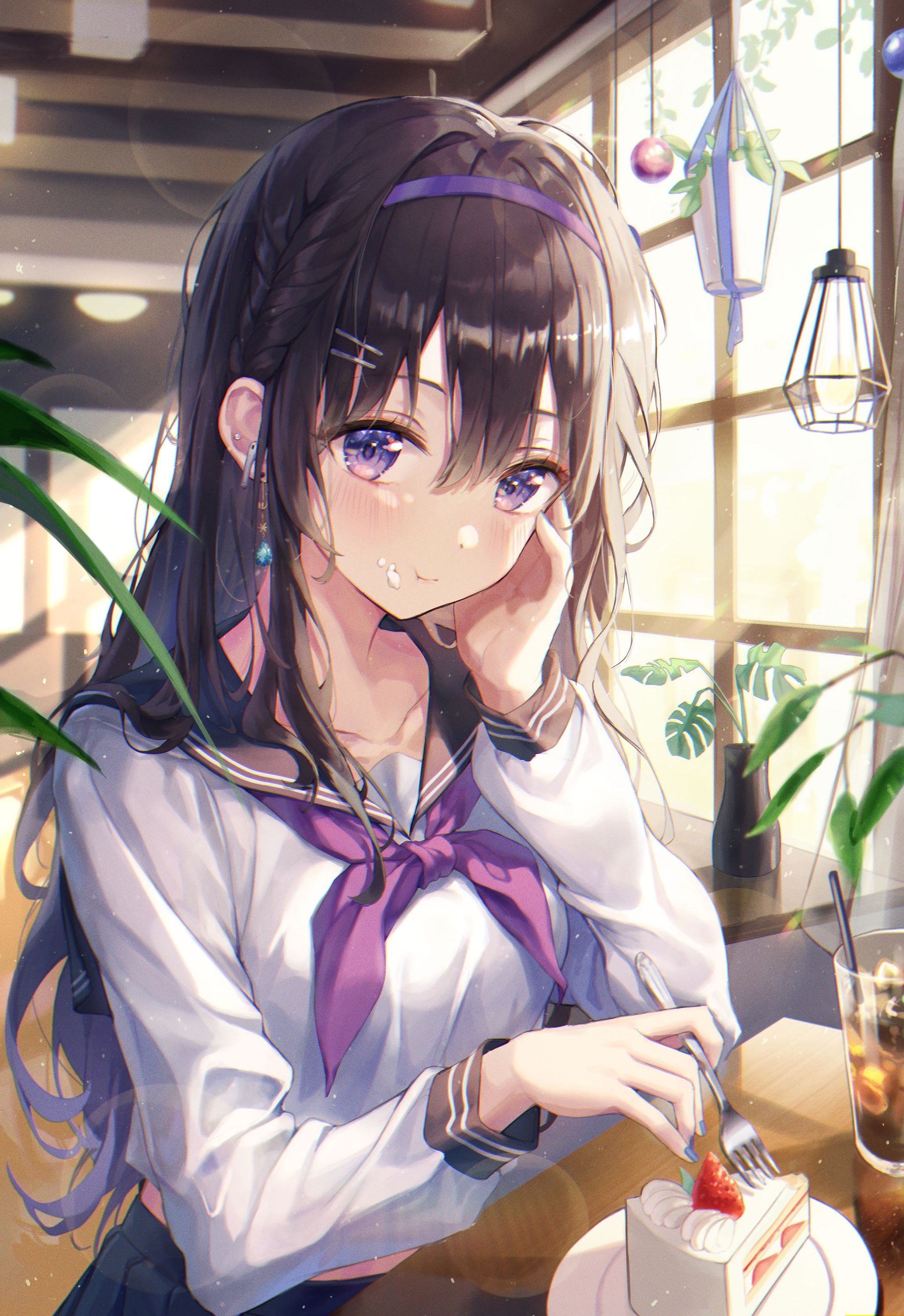 Girl in JK uniform eating cake with a fork HD Phone Wallpaper