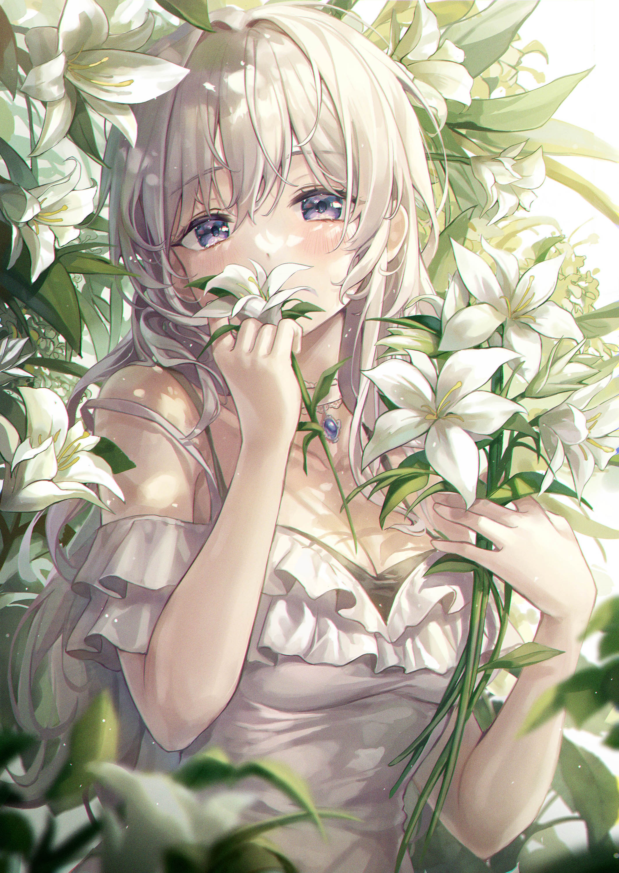 Girl with white hair and purple eyes smelling lilies HD Phone Wallpaper