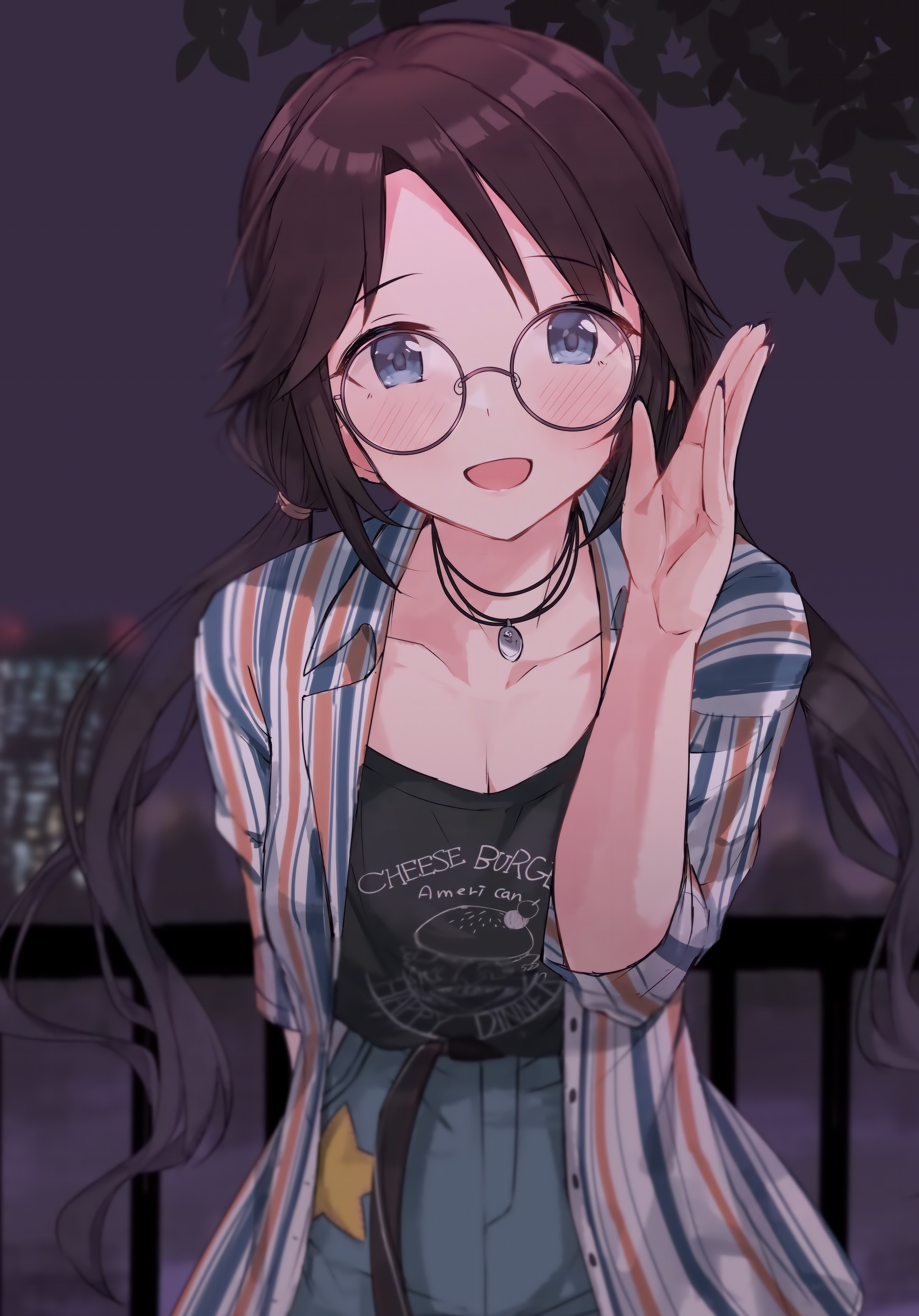 Girl with glasses and dark hair in a city at night HD Phone Wallpaper