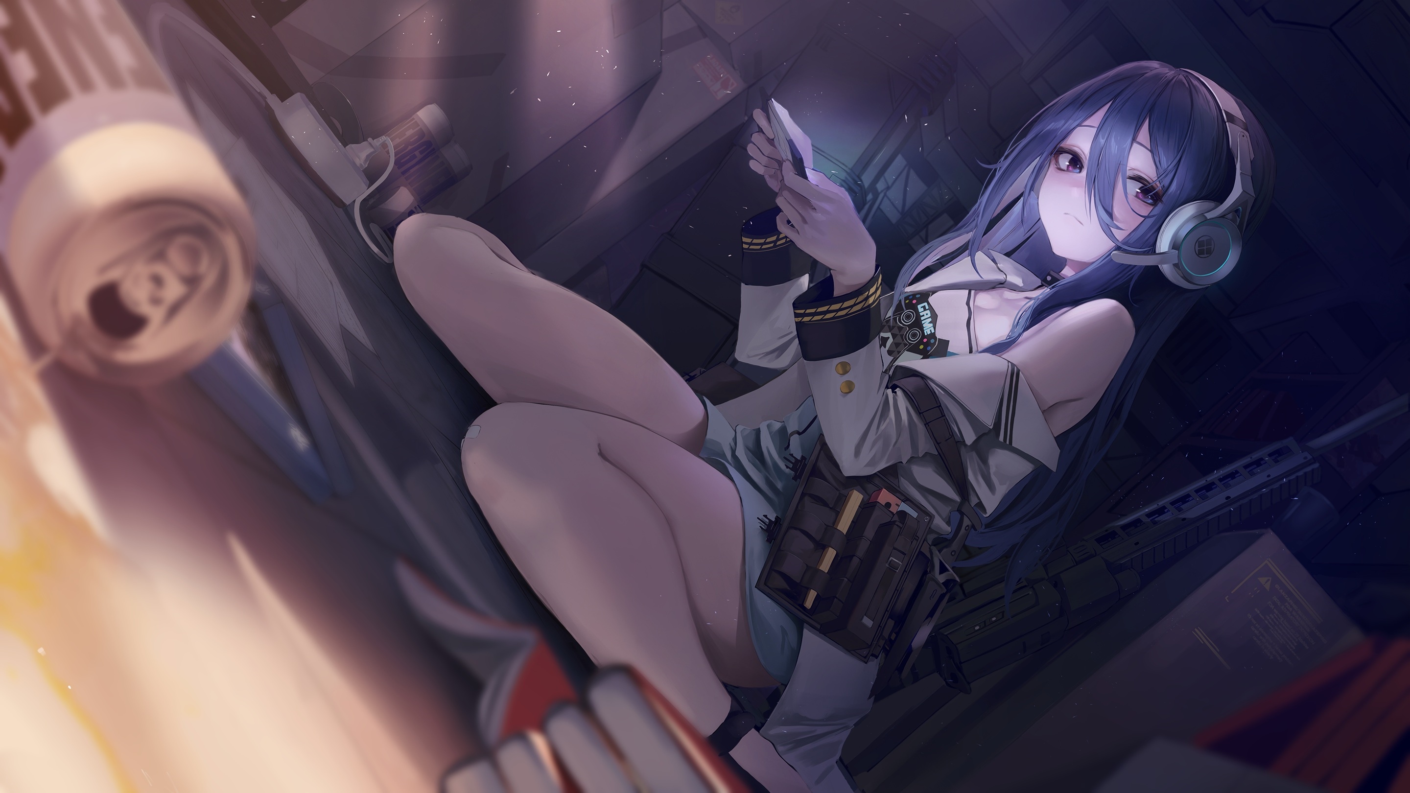 Anime girl with headphones holding a phone HD Wallpaper