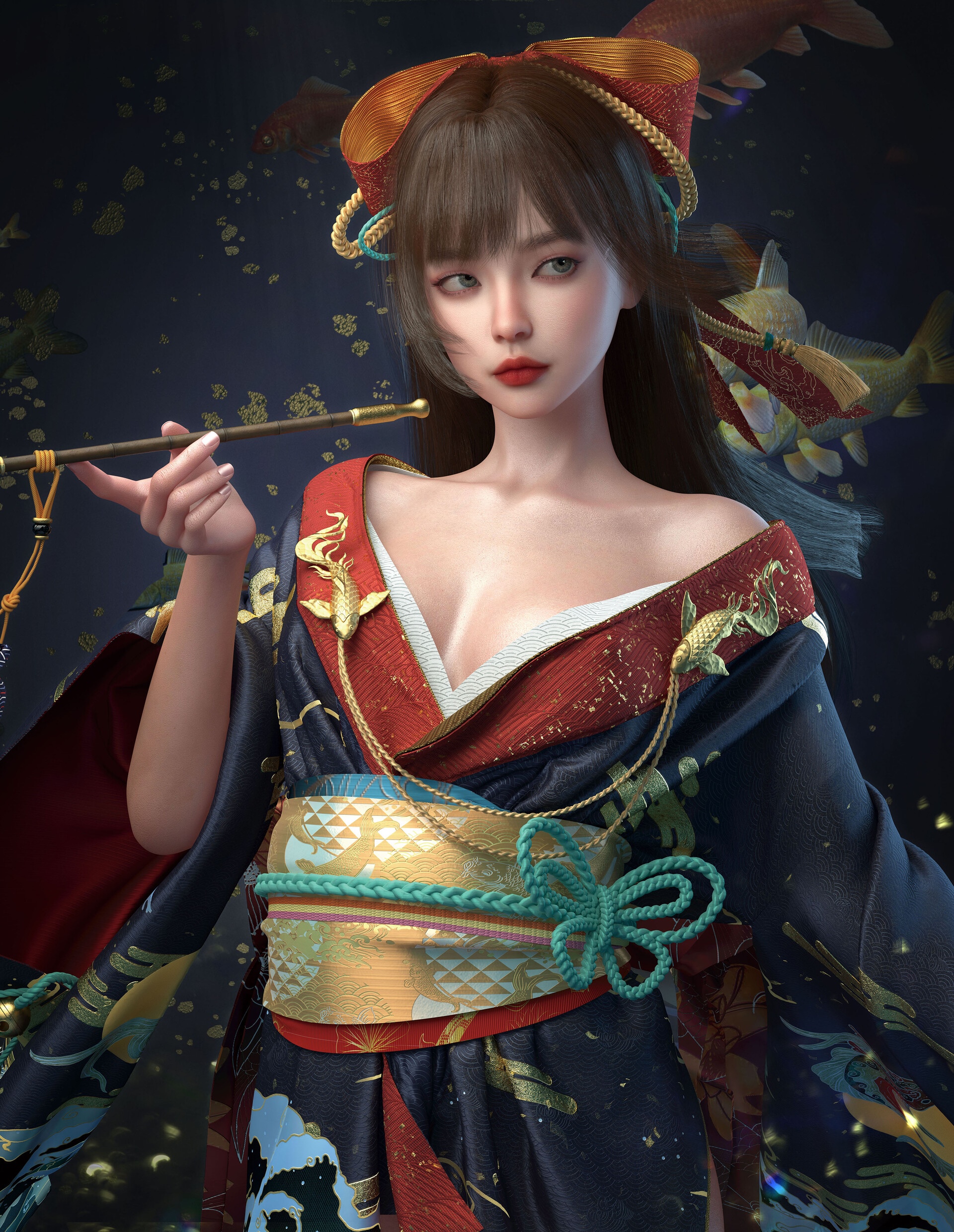 Woman in Kimono Smoking a Pipe with Koi Fish HD Phone Wallpaper