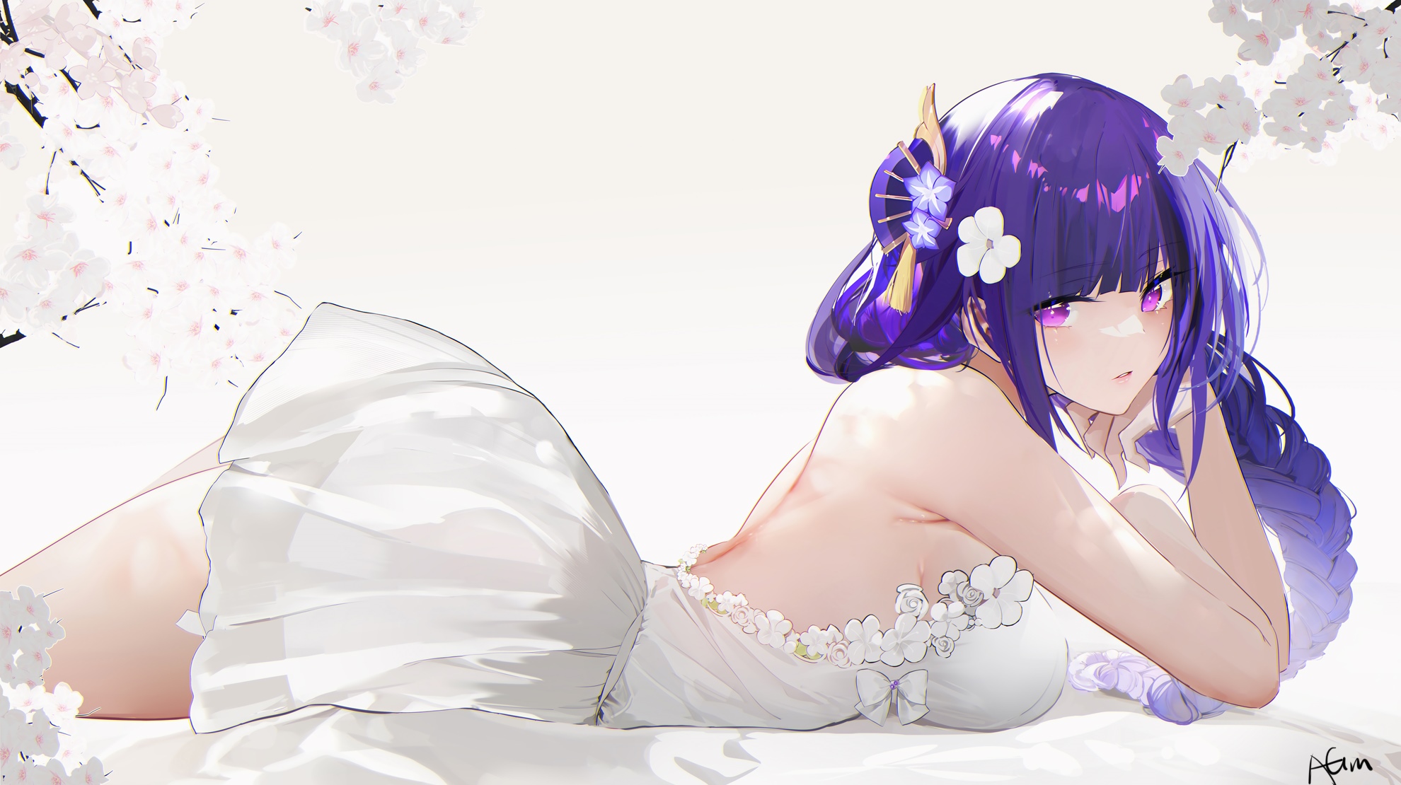 Raiden Shogun in a white dress with cherry blossoms HD Wallpaper