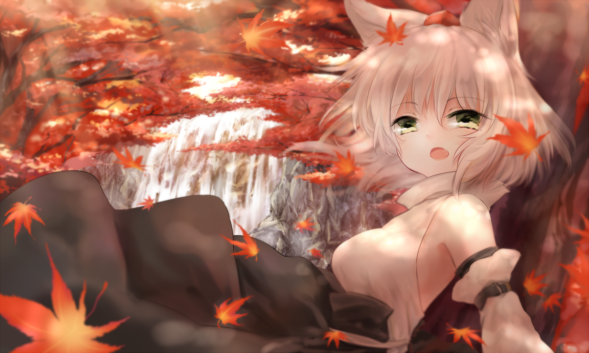Inubashiri Momiji in a Waterfall Surrounded by Autumn Leaves HD Wallpaper