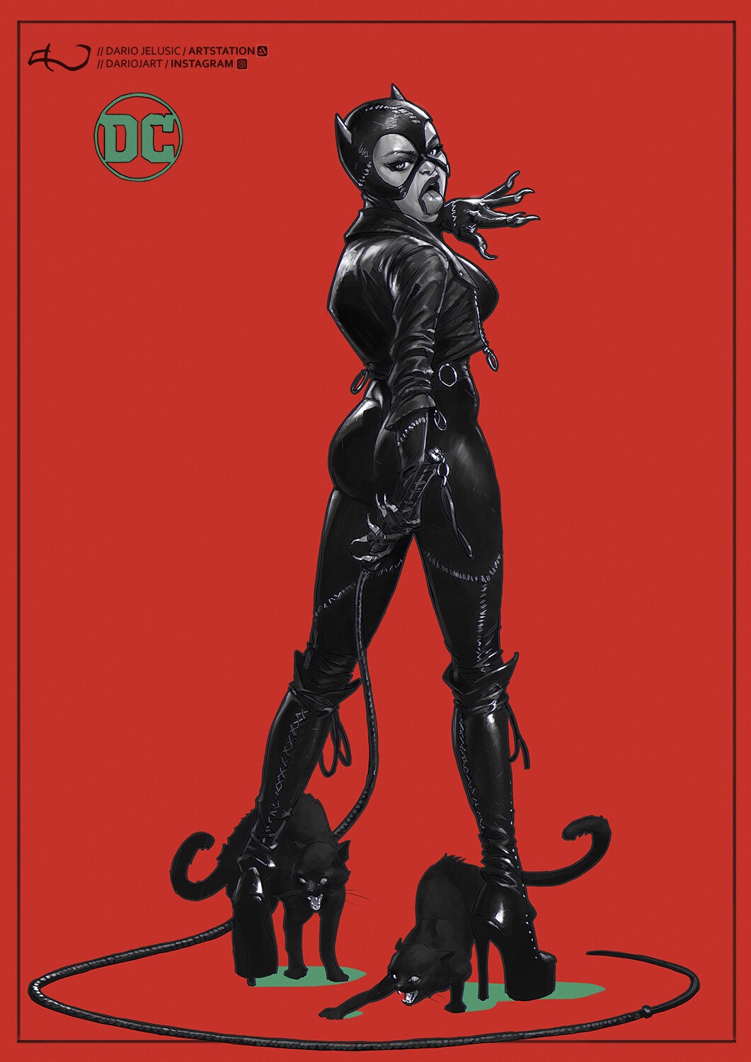 Catwoman with two black cats and a whip HD Phone Wallpaper