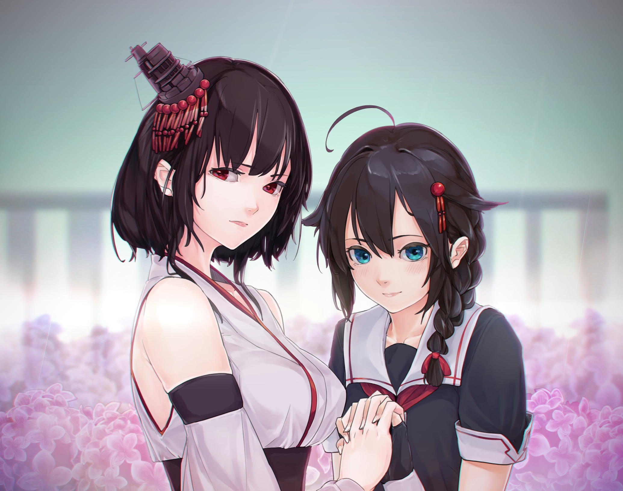 Yamashiro and Shigure from Kantai Collection holding hands HD Wallpaper