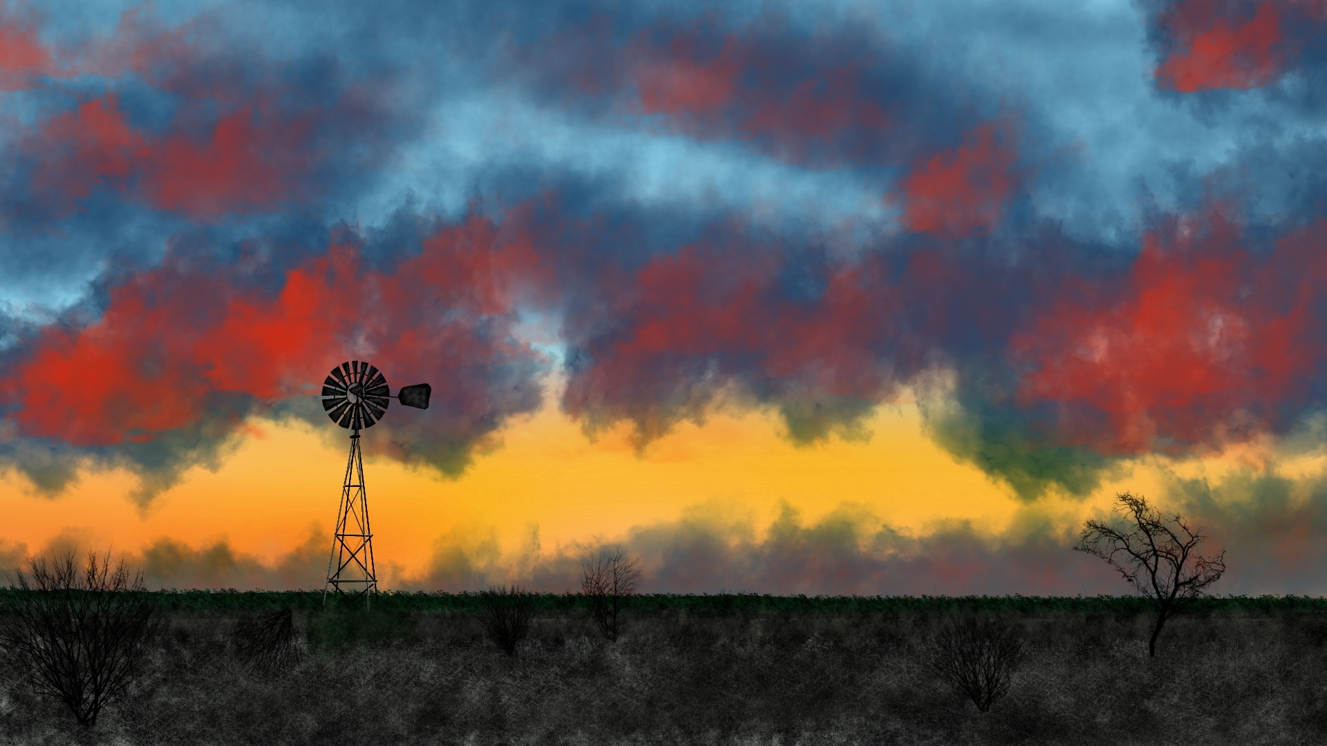 Digital painting of a windmill at sunset HD Wallpaper