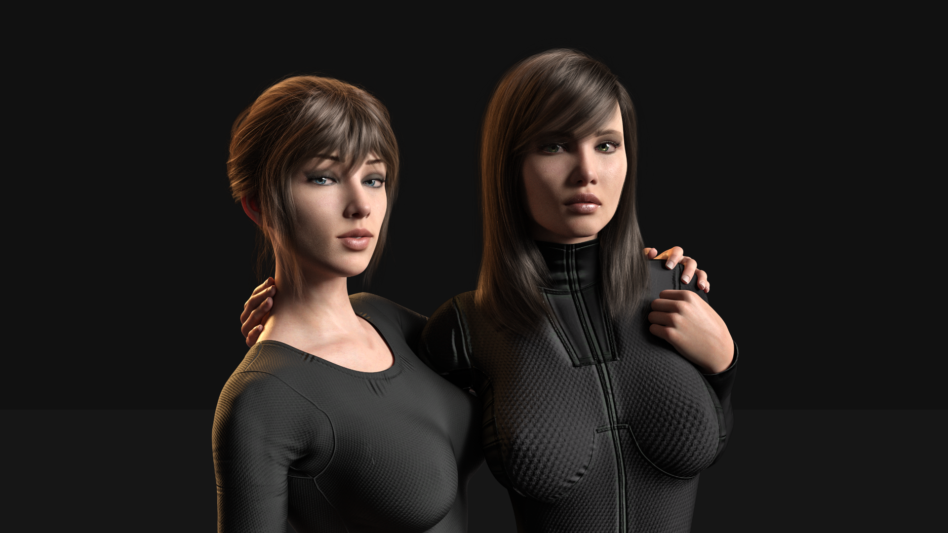 Two women in black outfits against a dark background HD Wallpaper