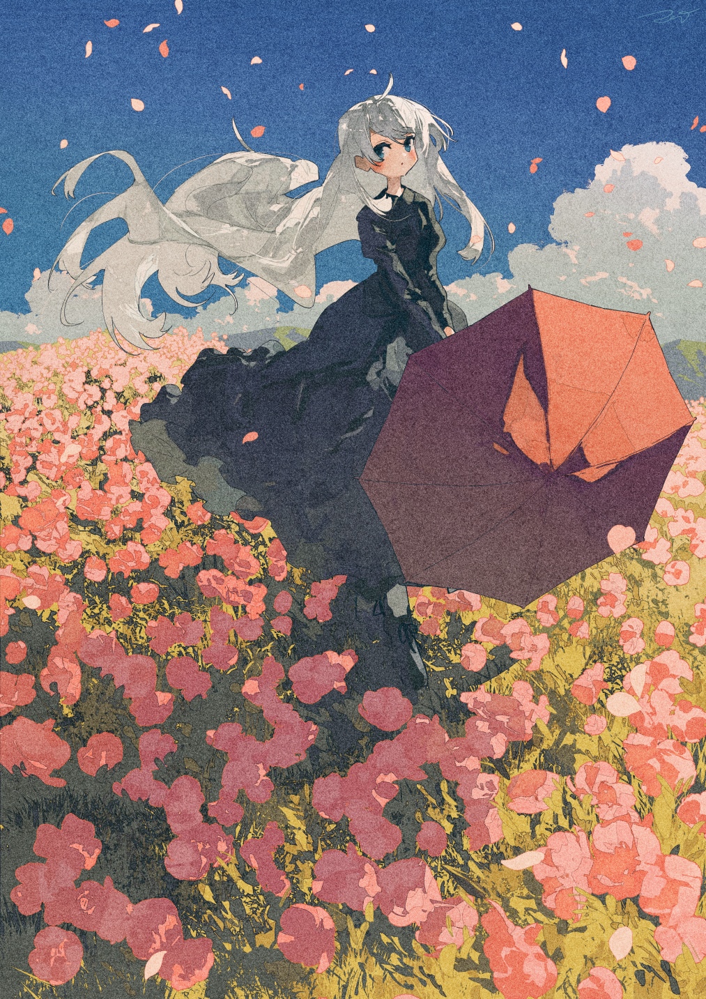 Girl with umbrella in a field of flowers HD Phone Wallpaper